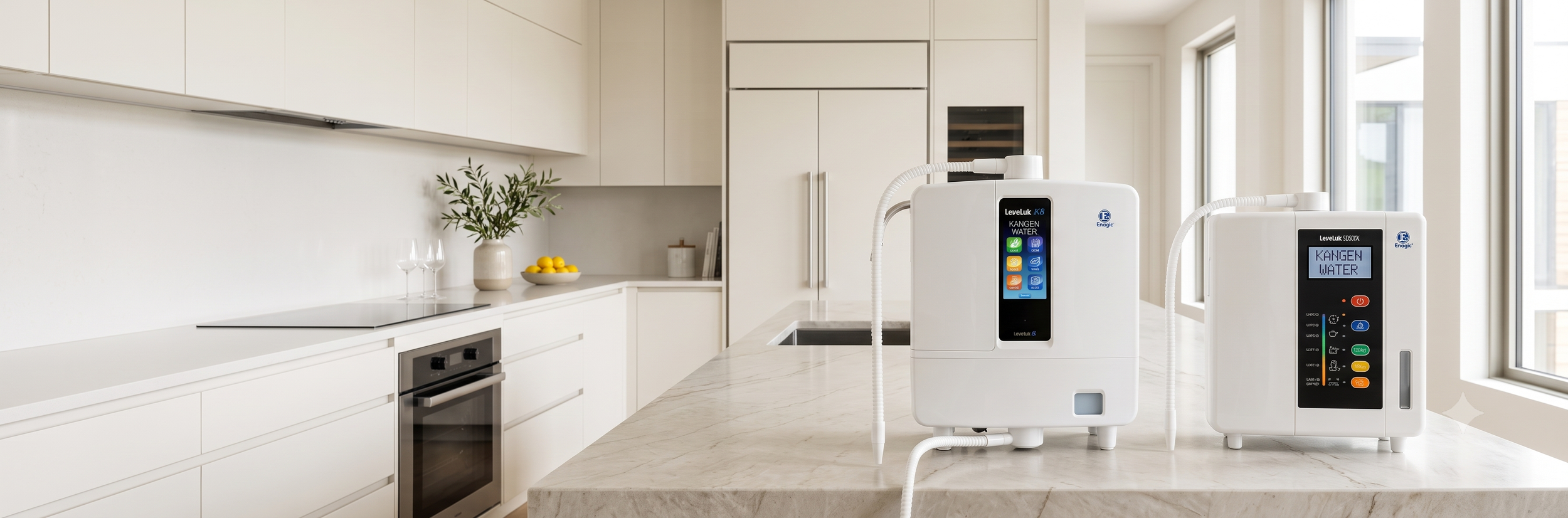 Enagic Leveluk K8 and Leveluk SD501DX Kangen Water machines displayed side-by-side for the USA price list guide.