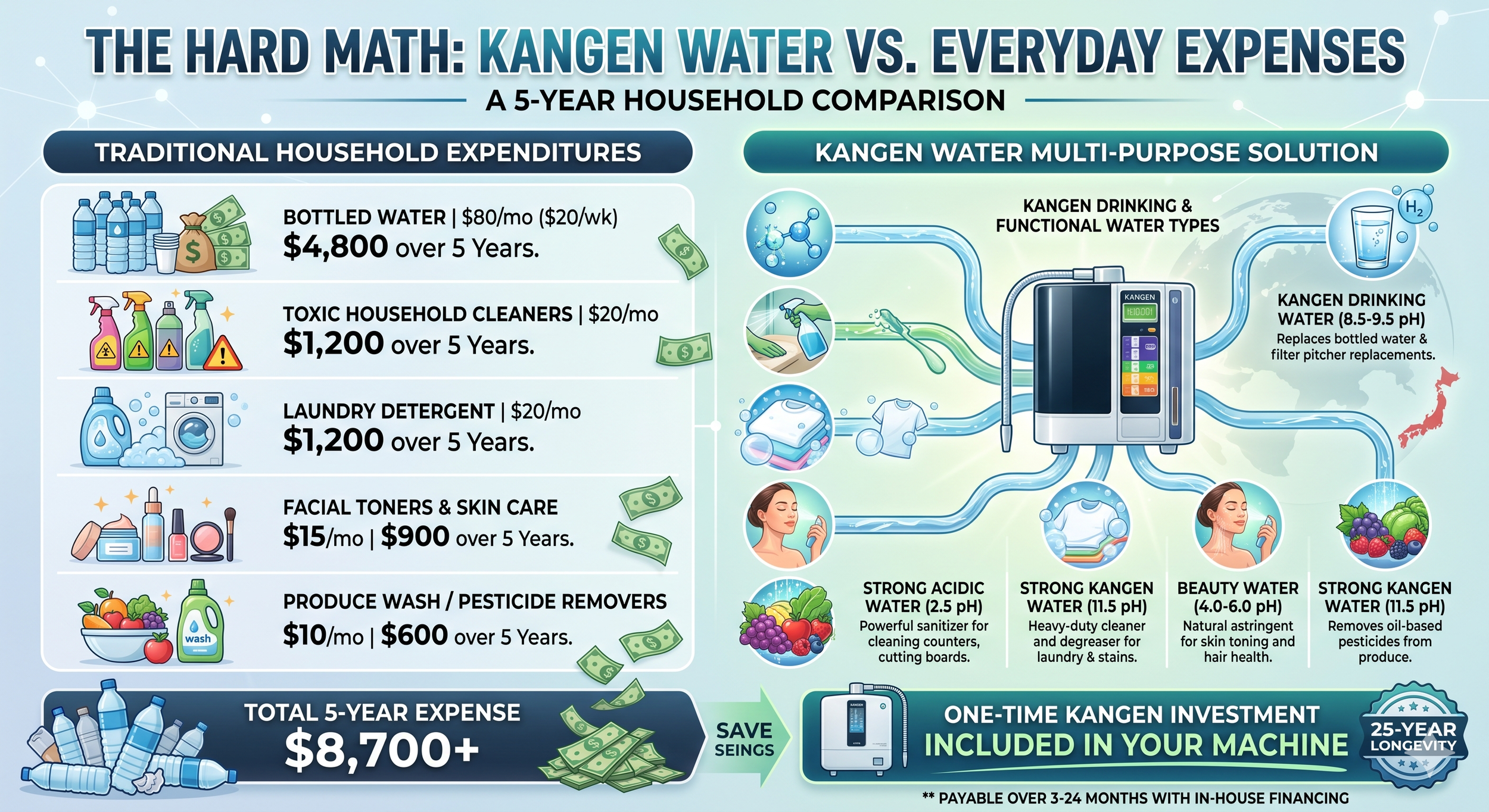 Kangen Water Machine Cost Comparison Chart With Bottle Water and Household Cleaners