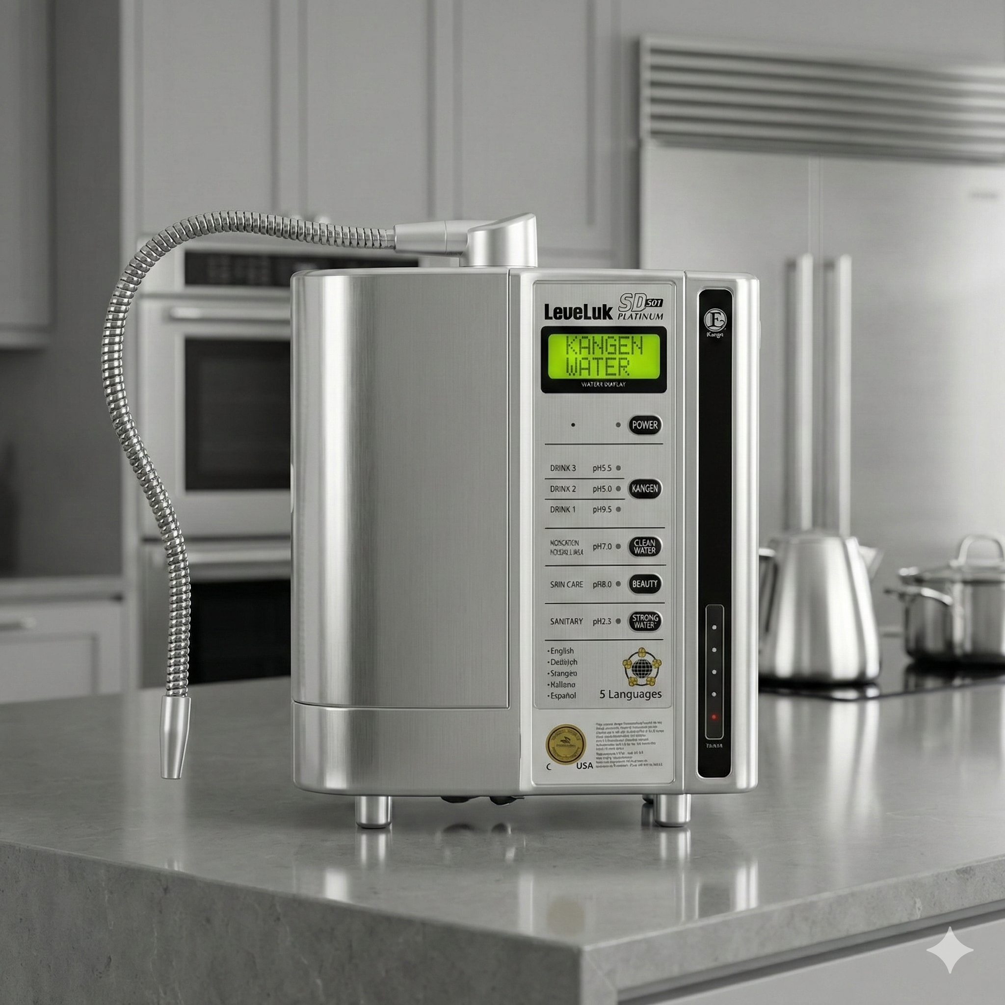 Enagic Leveluk SD501 Platinum water ionizer front view showing metallic finish and LCD screen