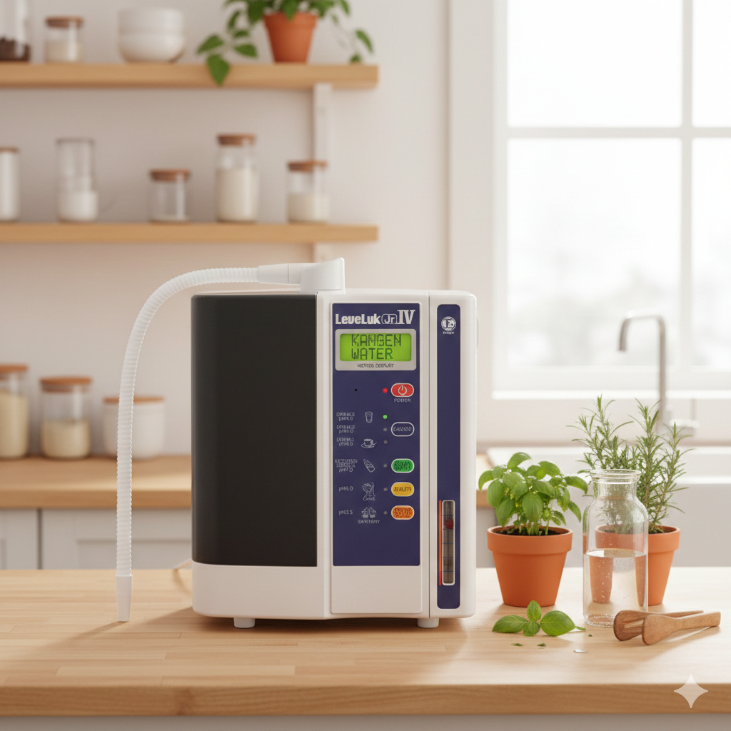 Leveluk JRIV Kangen Water ionizer for small households, shown in a bright kitchen setting—ideal for individuals or couples.