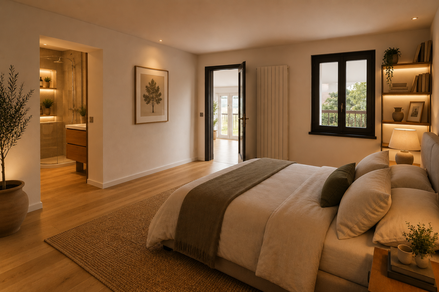 Cozy bedroom with a large bed, beige bedding, green accent pillows, and warm lighting. A bedside table with a lamp, a built-in bookshelf with decor and books, a window with a view outside, and a doorway leading to a balcony or patio. There is a frame