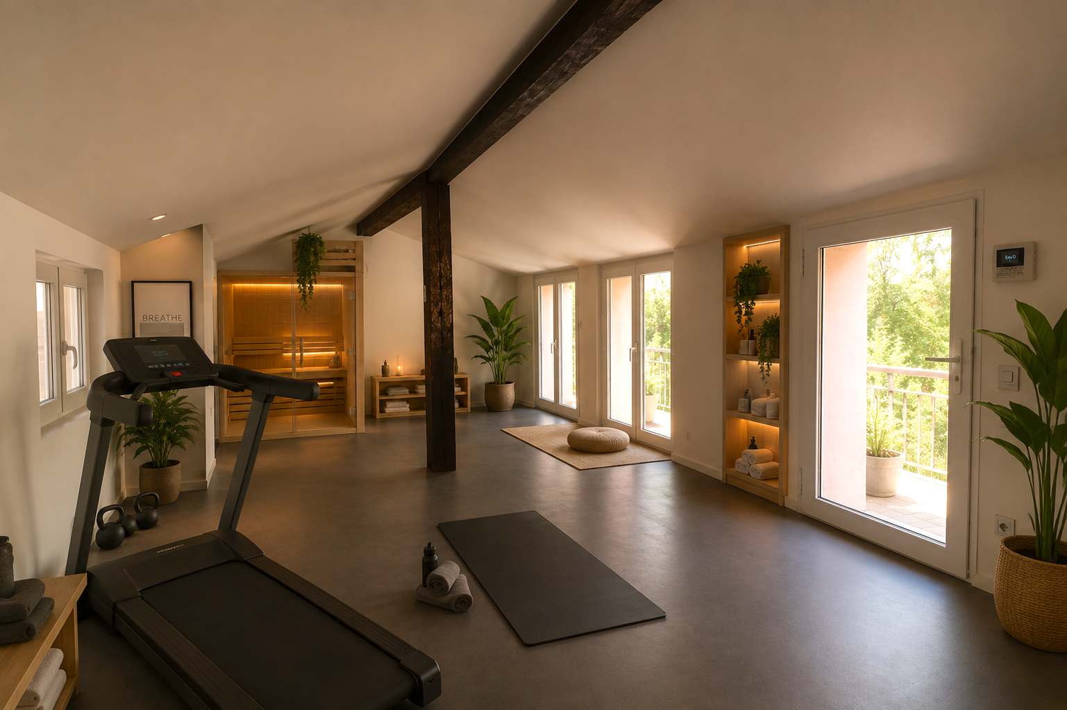 A wellness room with a treadmill, yoga mat, and rolled towels, featuring large windows and potted plants.