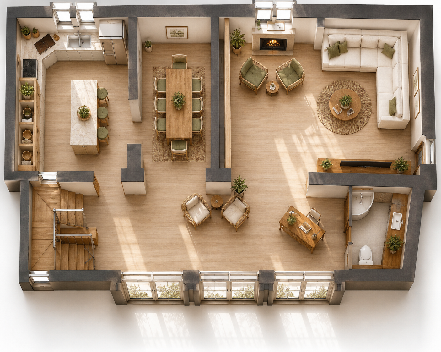 A top-down view of a modern, open-concept home interior including a kitchen with an island, a dining area, a living room with a fireplace and seating, a small seating area, and an adjacent bathroom.