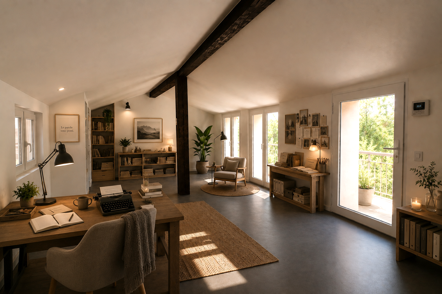 A cozy, well-lit living room and home office with wooden furniture, large windows and doors leading to a balcony, decorative plants, bookshelves, and soft lighting.
