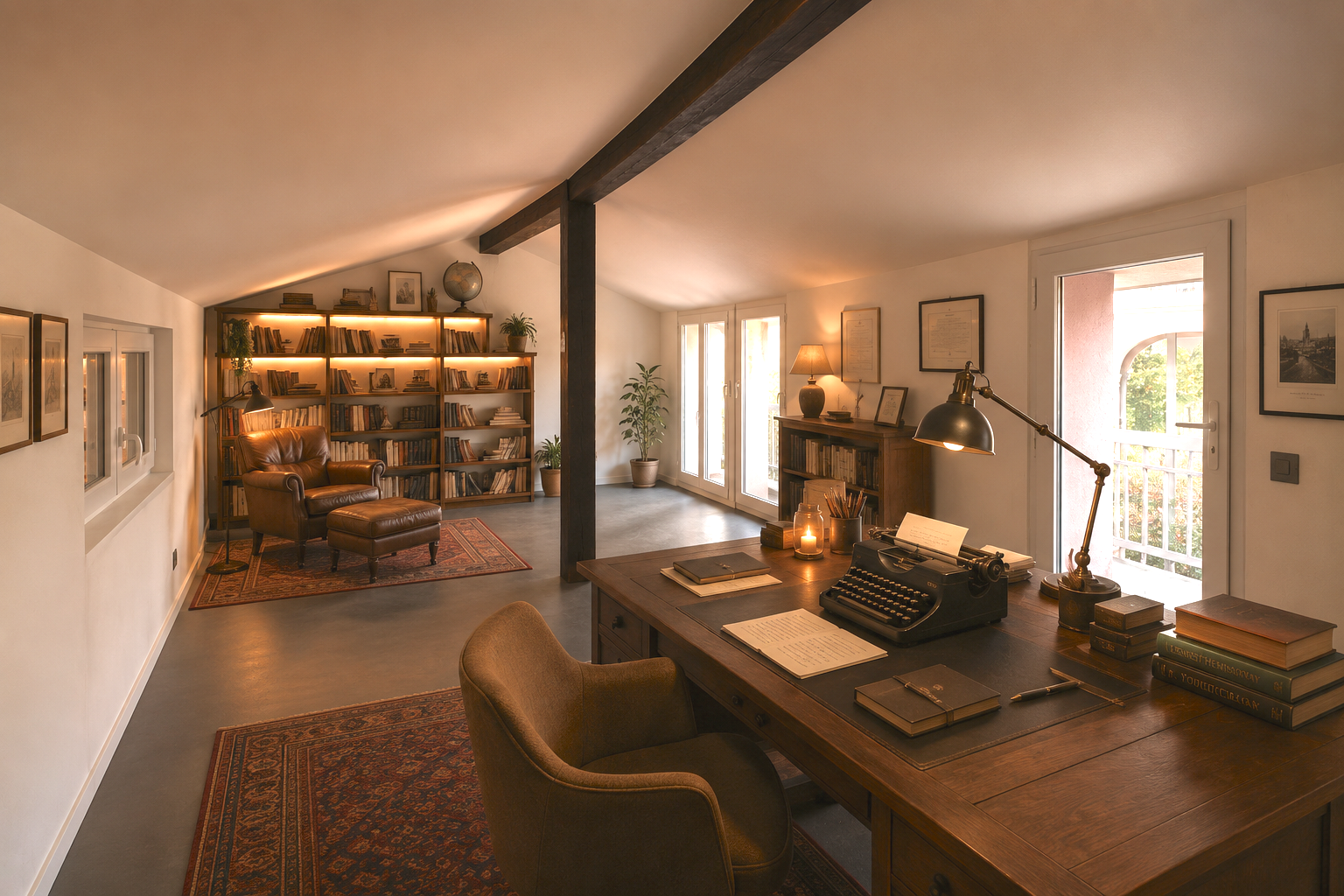 Cozy home office with a wooden desk, typewriter, books, and a table lamp; sitting area with bookshelves, leather armchair, and decorative plants near windows.