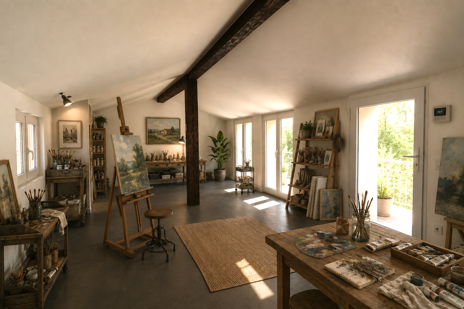 An artist's studio with paintings, brushes, and art supplies, illuminated by natural light from large glass doors and windows, decorated with paintings and potted plants.
