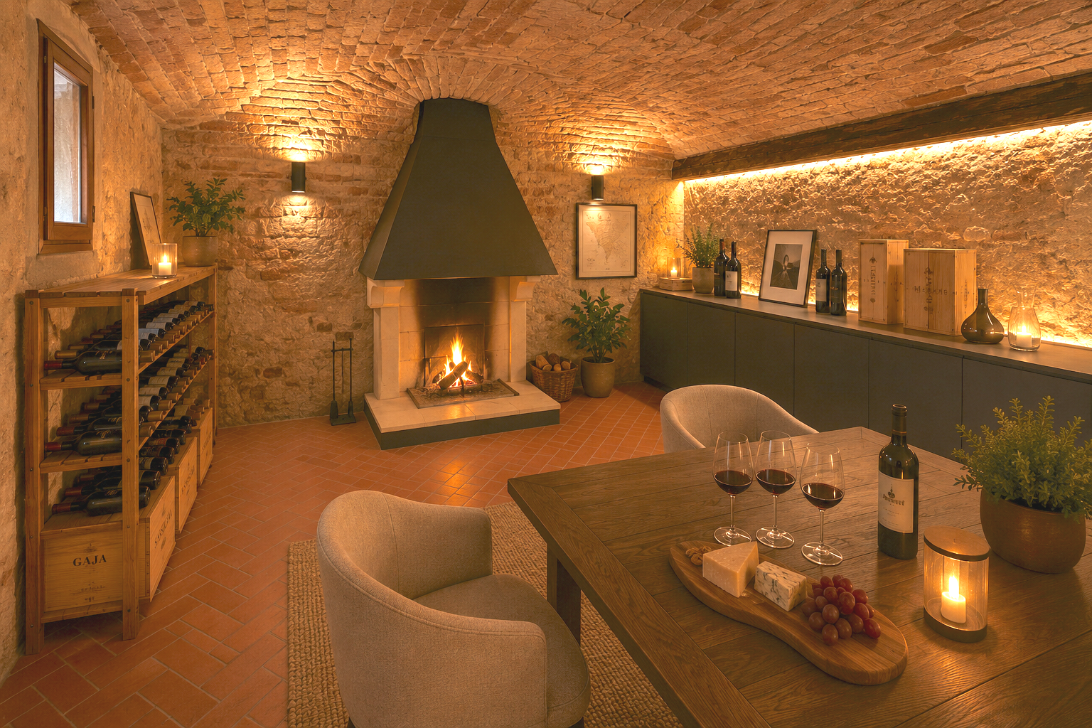 A cozy dining room with exposed brick walls and a brick vaulted ceiling, featuring a lit fireplace, a wooden dining table with wine and cheese, wine glasses, candles, wine bottles, plants, and decorative lamps.