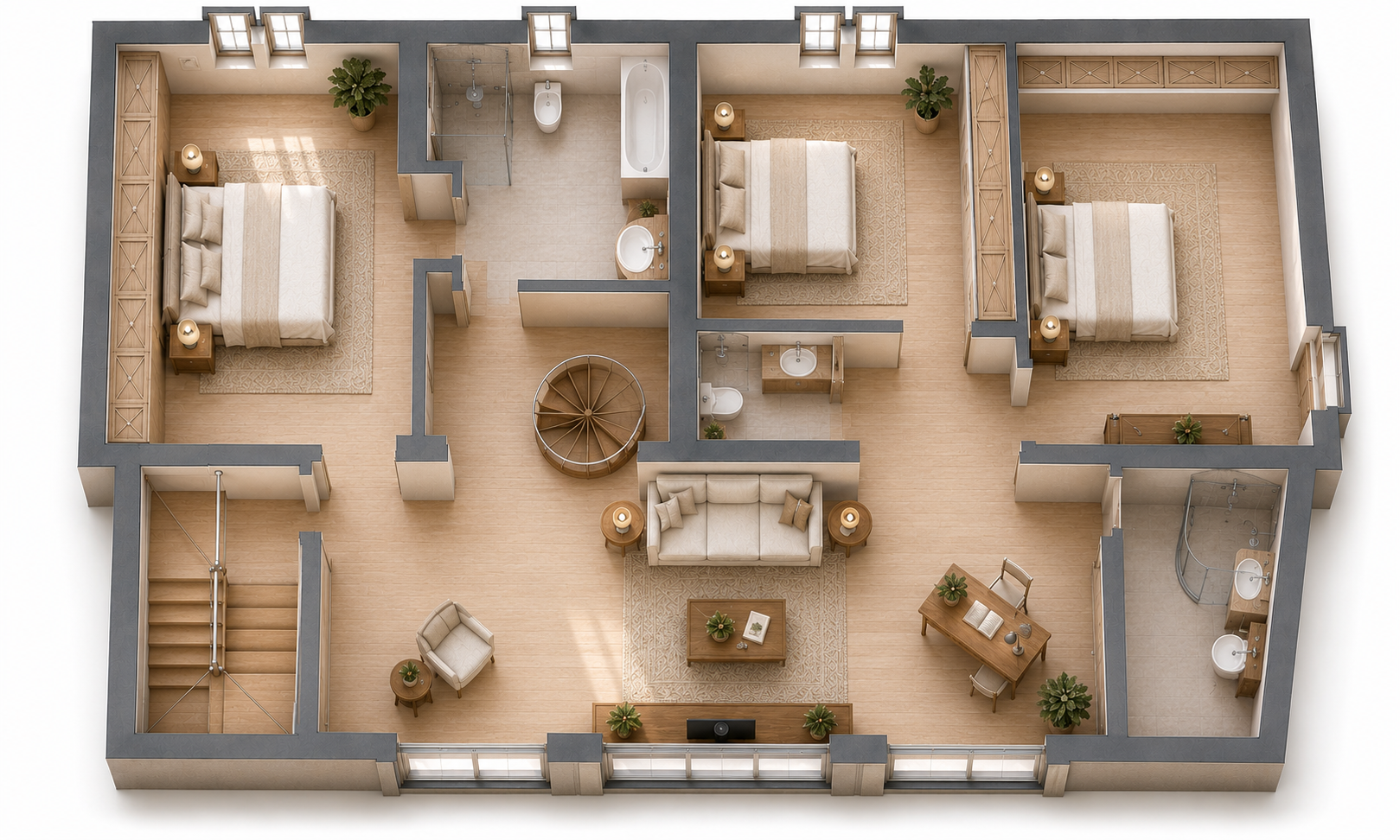 A 3D floor plan of a house with three bedrooms, a living room, two bathrooms, a staircase, and various furniture and decor.