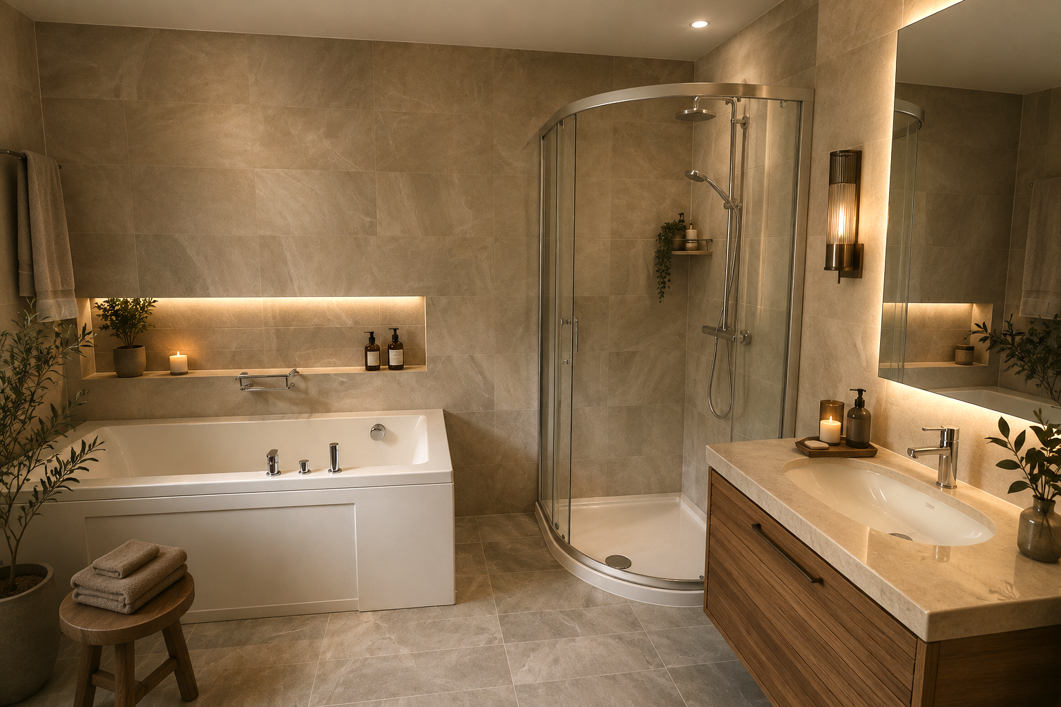 Modern bathroom with a bathtub, glass shower enclosure, wooden vanity with sink, large mirror, candles, potted plants, and beige tiles.