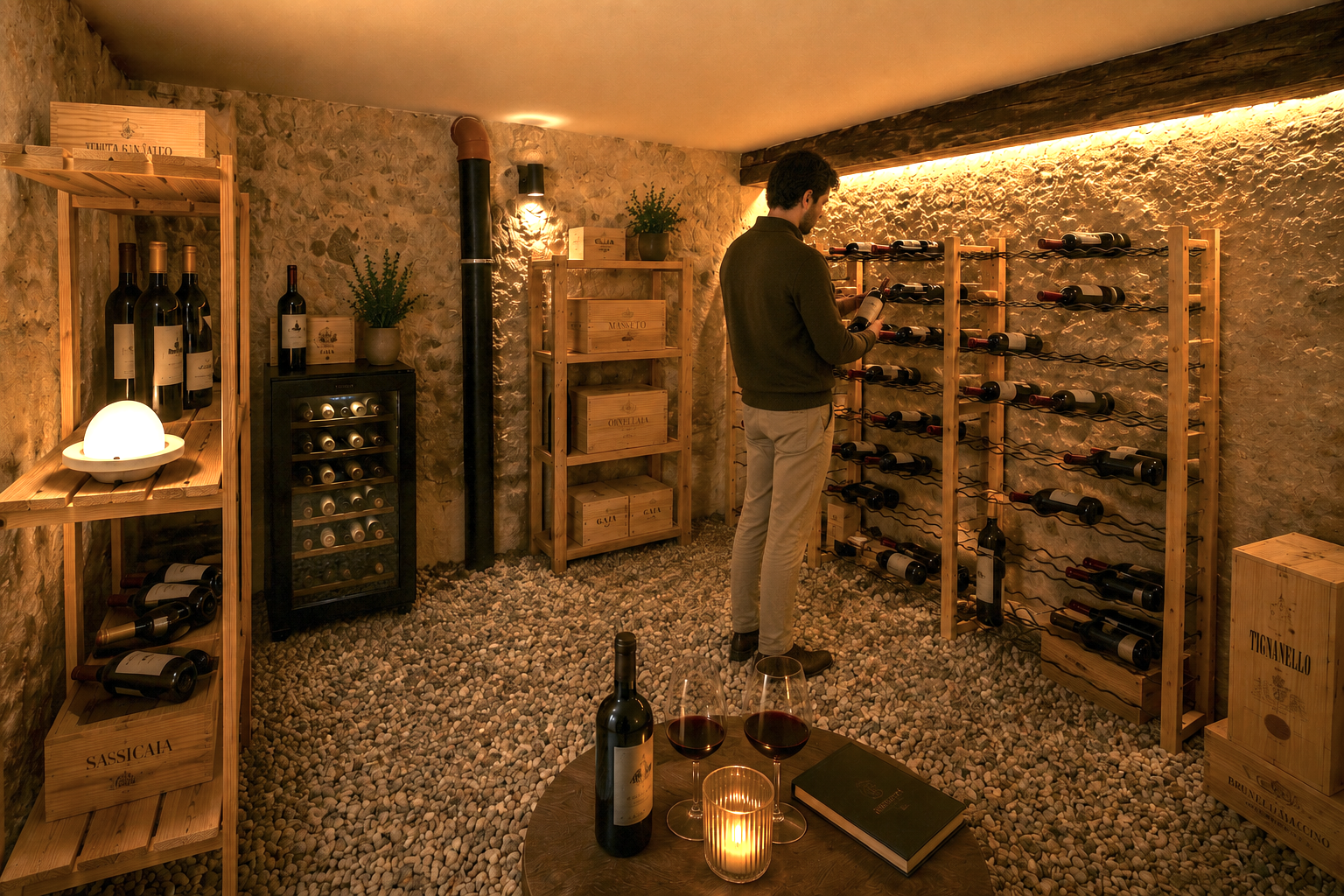 A man in a wine cellar inspecting wine bottles on wooden racks. A small table with a bottle of red wine, two glasses, a candle, and a book in the foreground. The cellar has stone walls, wooden shelves, and a gravel floor.