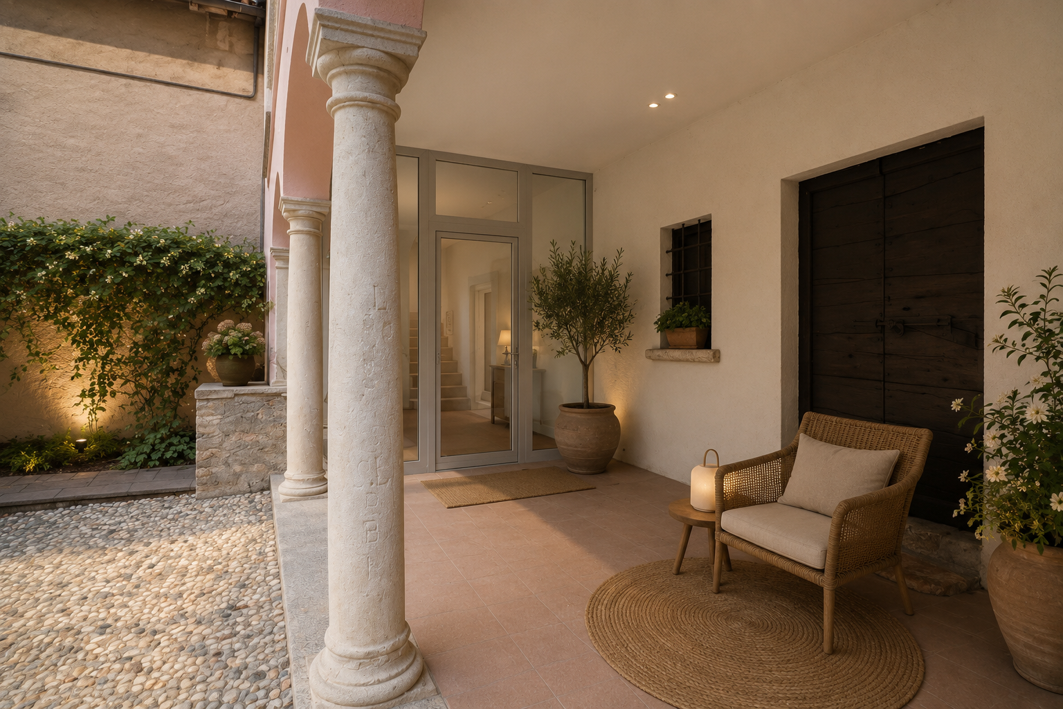 Cozy outdoor patio with a wicker chair, beige cushion, potted plants, and soft lighting, adjacent to a cream-colored wall and glass door.