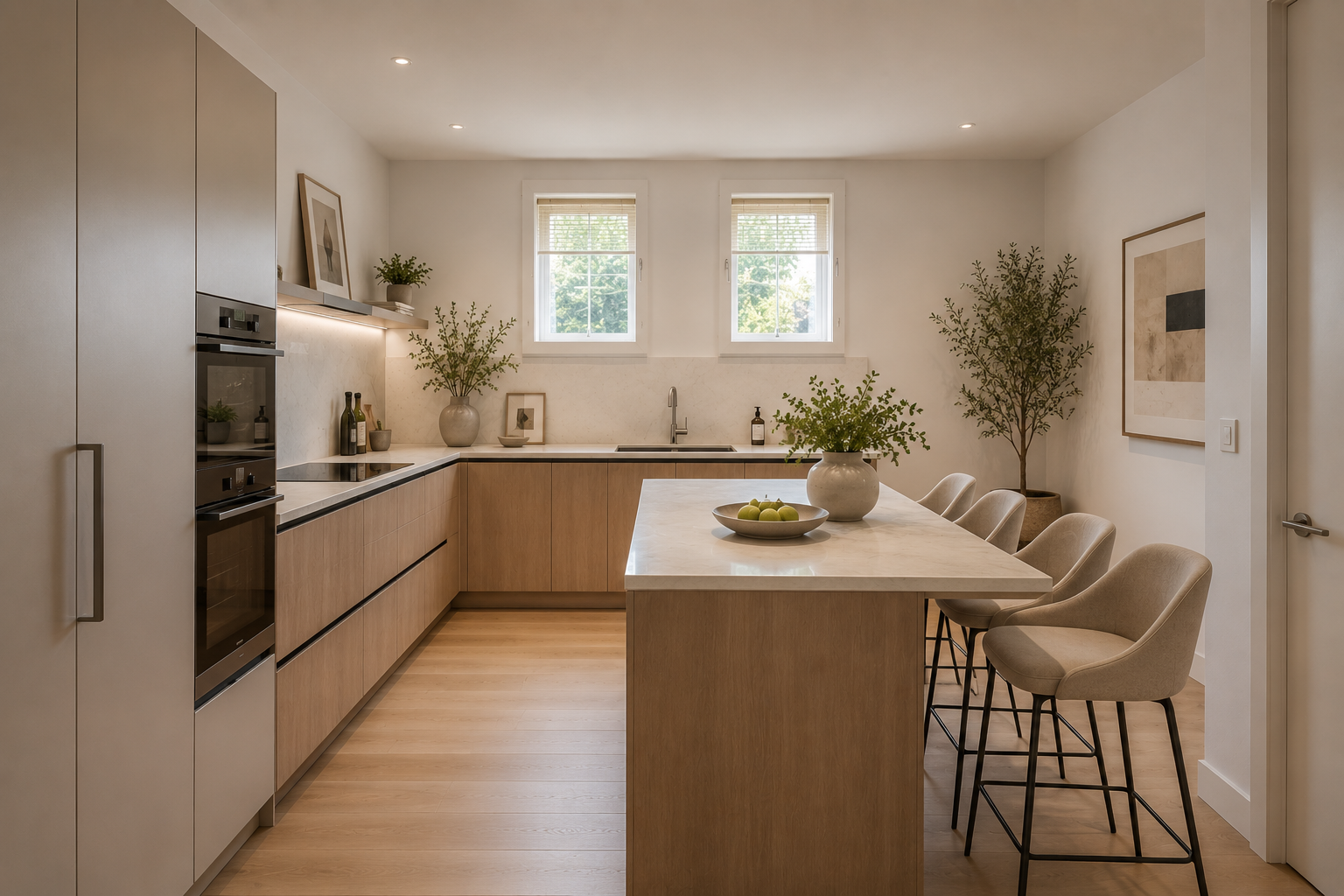 Modern kitchen with light wood cabinetry, marble countertops, and a kitchen island with four bar stools. Two windows above the sink let in natural light, with plants and framed art decorating the space.
