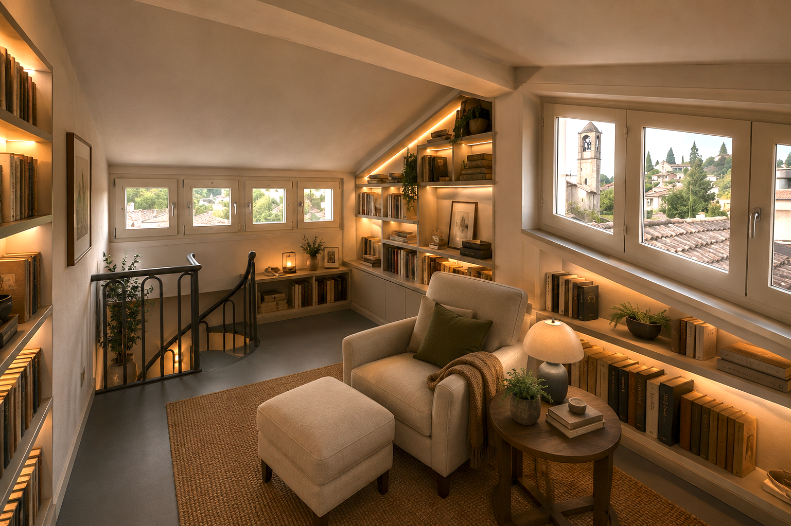 Cozy attic reading nook with built-in shelves, books, a beige armchair with a green pillow, a small ottoman, a round side table with a lamp, framed art, plants, and large windows showing a view of a neighborhood with church towers.