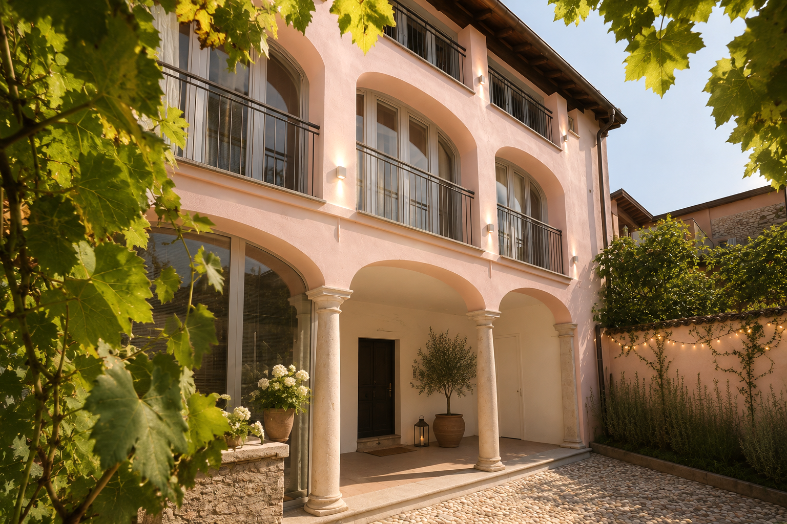 Front view of a pink Mediterranean-style house with arched windows, columns, potted plants, and outdoor lighting, surrounded by greenery.