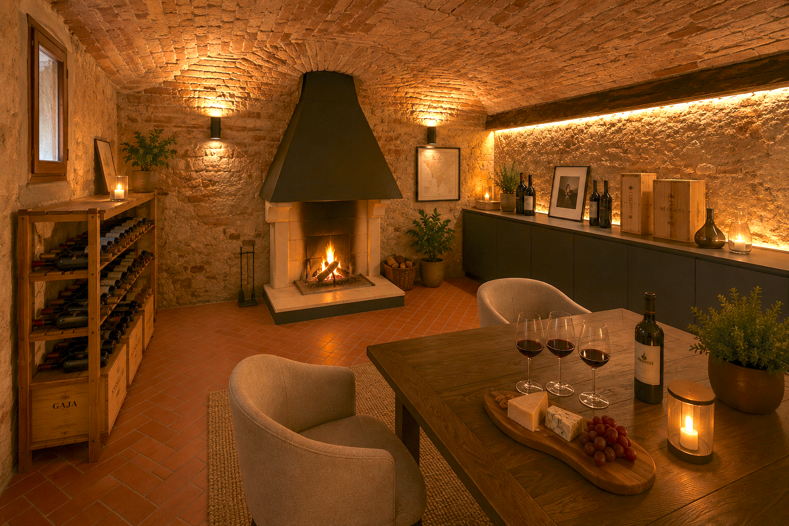 Cozy dining room with a lit fireplace, wine bottles, cheese, grapes on the table, and warm lighting.