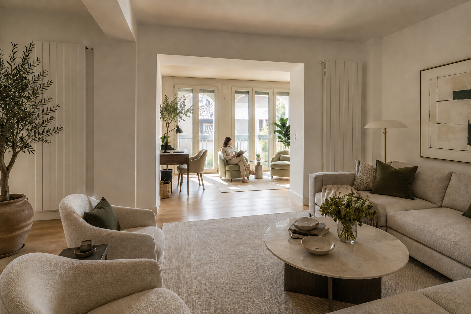 A woman sitting in a cozy, sunlit living room, reading a book in a green armchair near large glass doors that lead to a balcony with outdoor views.
