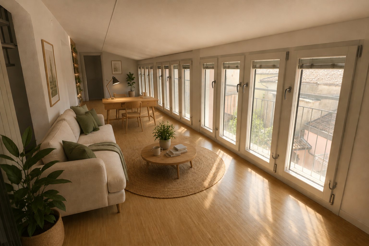 Bright living room with a beige sofa and green cushions, round wooden coffee table with a plant and books, wooden desk with a lamp, and large windows with a view of neighboring rooftops.