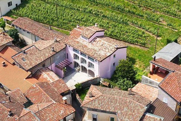 Aerial view of a pink residential building with a tiled roof, surrounded by other houses with tiled roofs, and a hillside vineyard in the background.