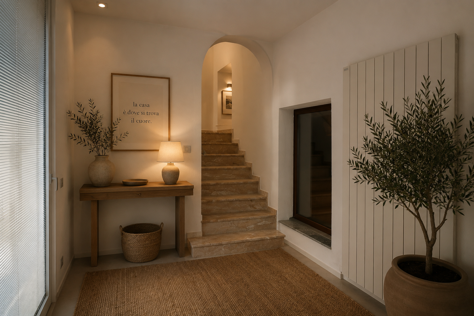 A cozy interior entryway with a staircase, a wooden console table with a lamp, potted plants, a framed quote in Italian, and a large ceramic planter with an olive tree.