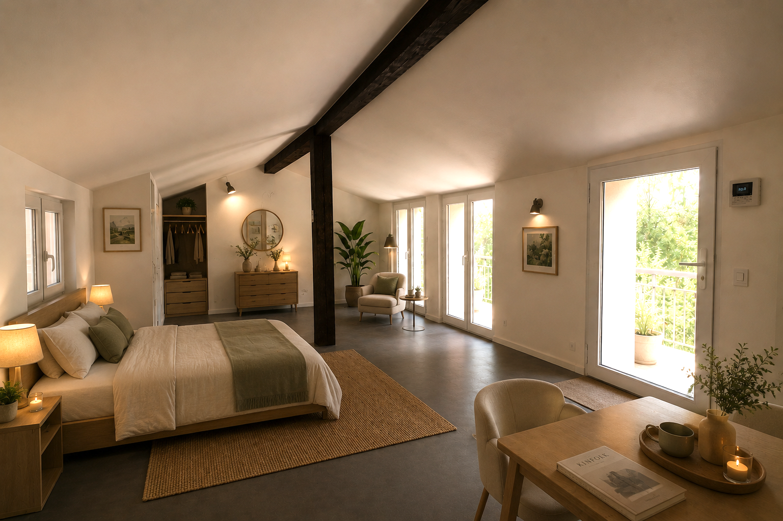 Bright and spacious bedroom with a large bed, nightstand with lamps, a woven rug, a seating area with an armchair and floor lamp near glass doors leading to a balcony, and minimalist decor with plants and artwork.