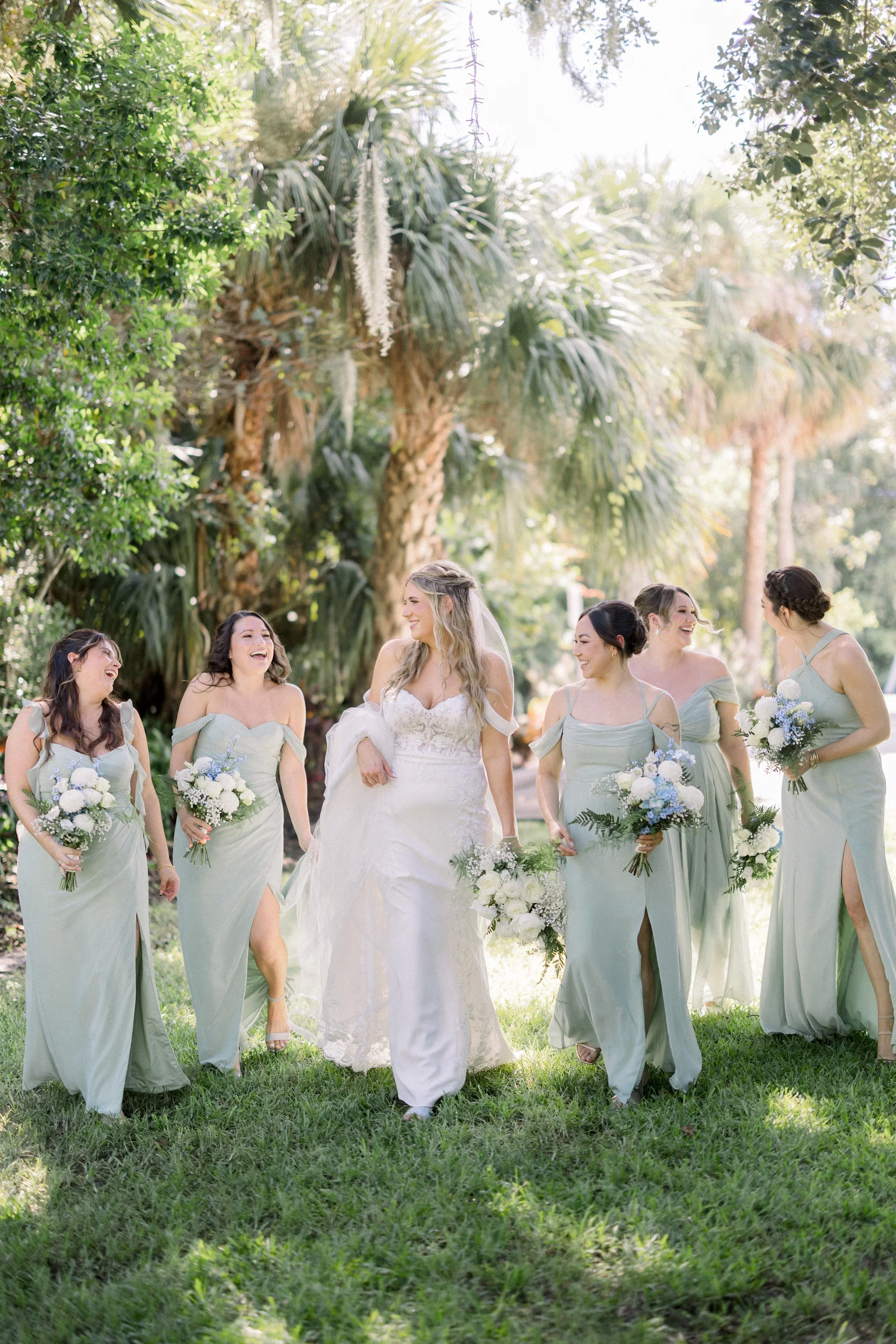 bride walking with bridesmaids