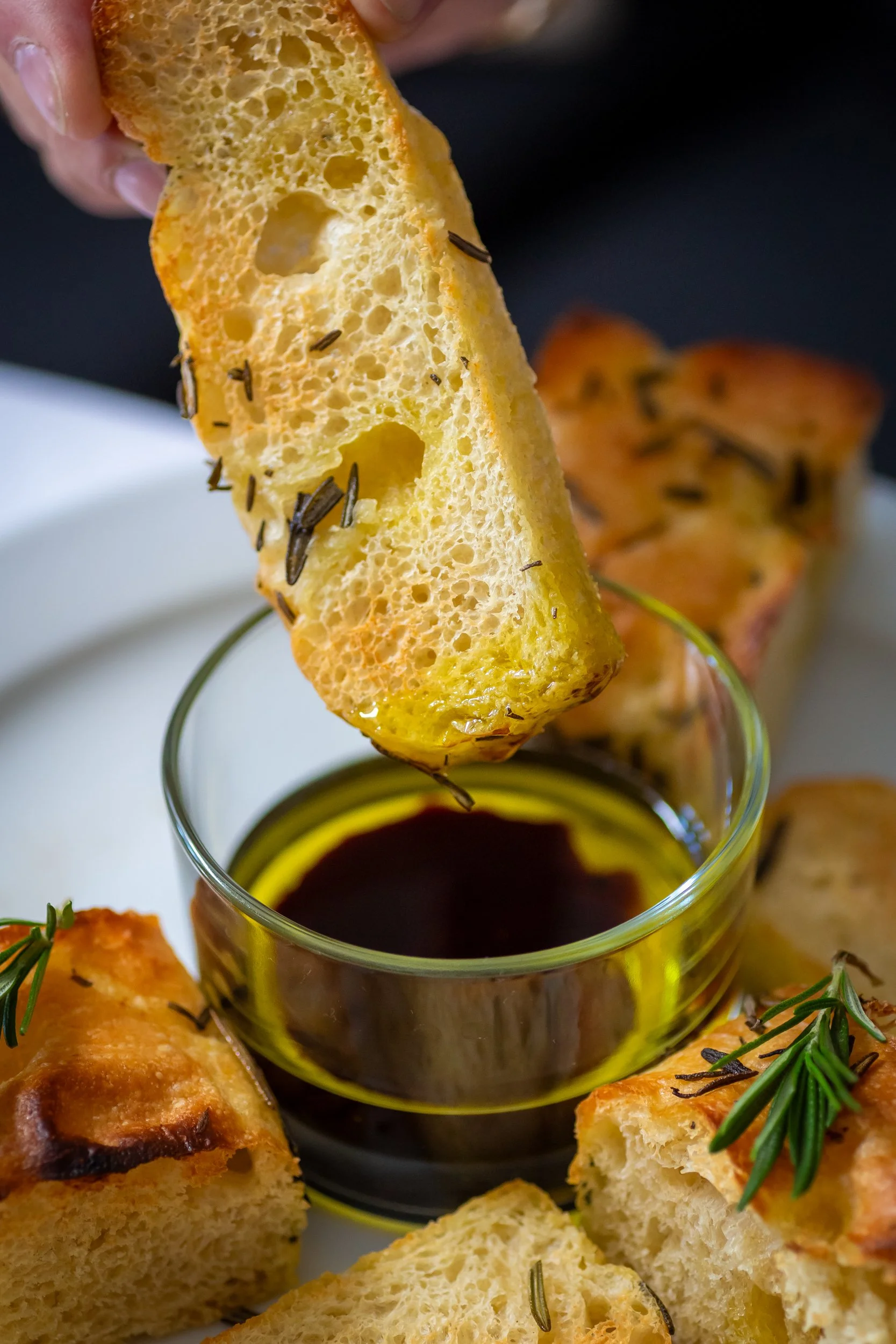 Carlo's focaccia bread with olive oil and balsamic vinegar