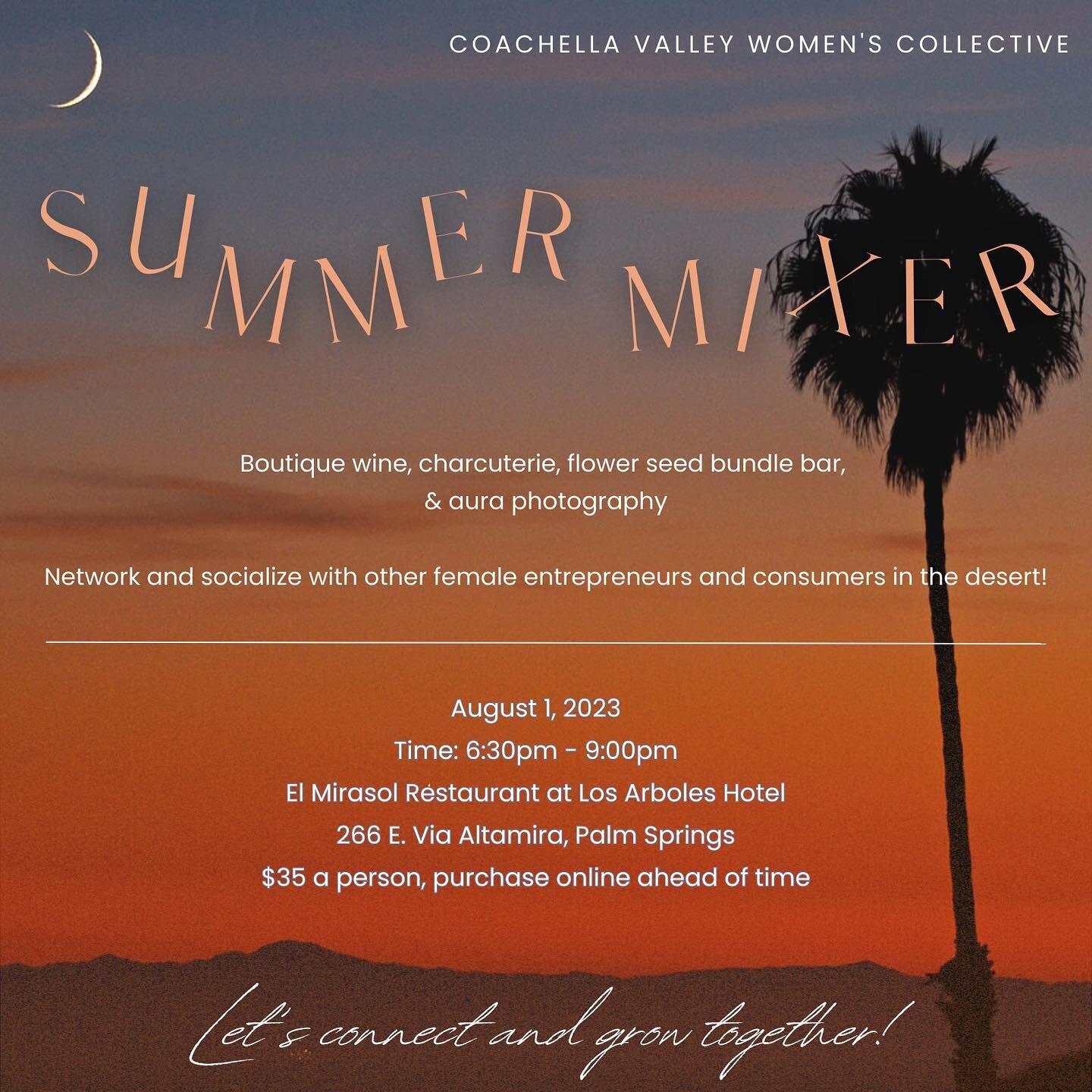 Our Summer Mixer is coming your way and tickets are on sale now!

Join us on August 1st, 2023 at 6:30pm at El Marisol Restaurant at Los Arboles Hotel for boutique wine, light bites, aura photography, and a build-your-own flower seed bundle bar while 