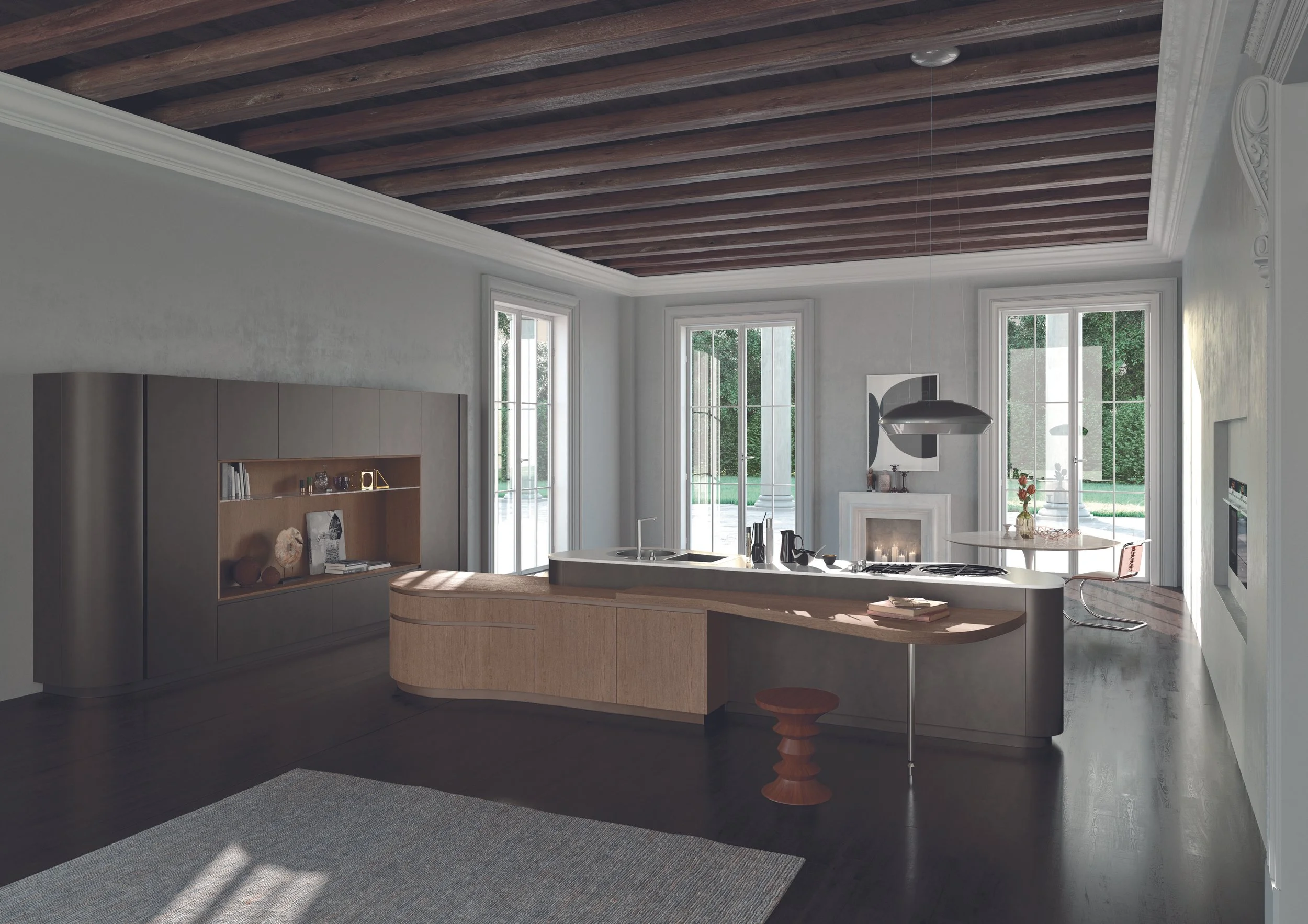 Modern kitchen with large windows, wooden ceiling beams, a fireplace, and a kitchen island with barstools.