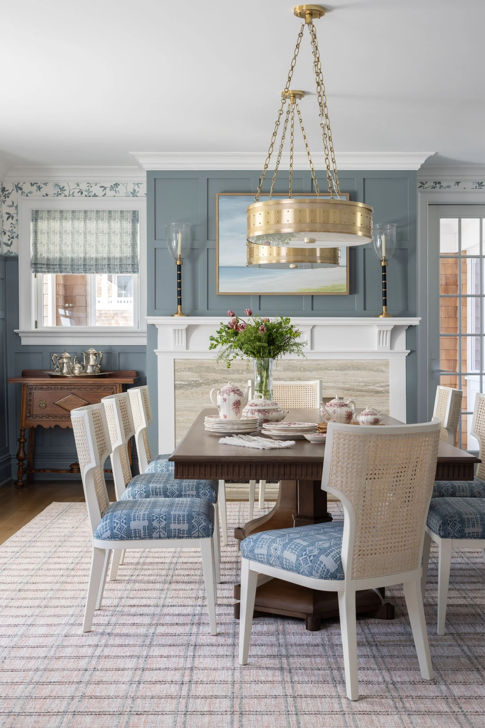 Blue kitchen with gold pendant lights by Raquel Langworthy