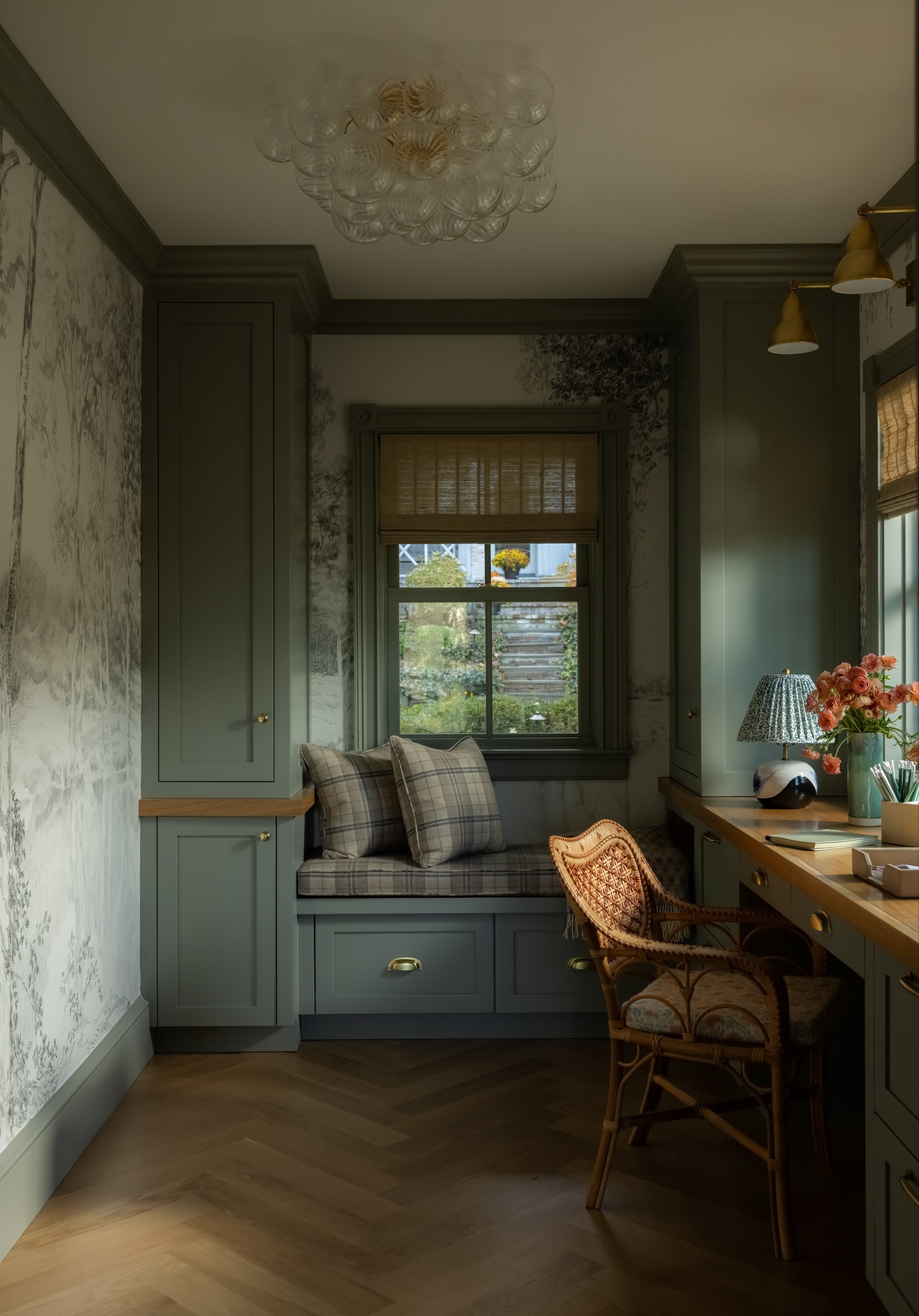 Green study nook with built-in desk by Raquel Langworthy