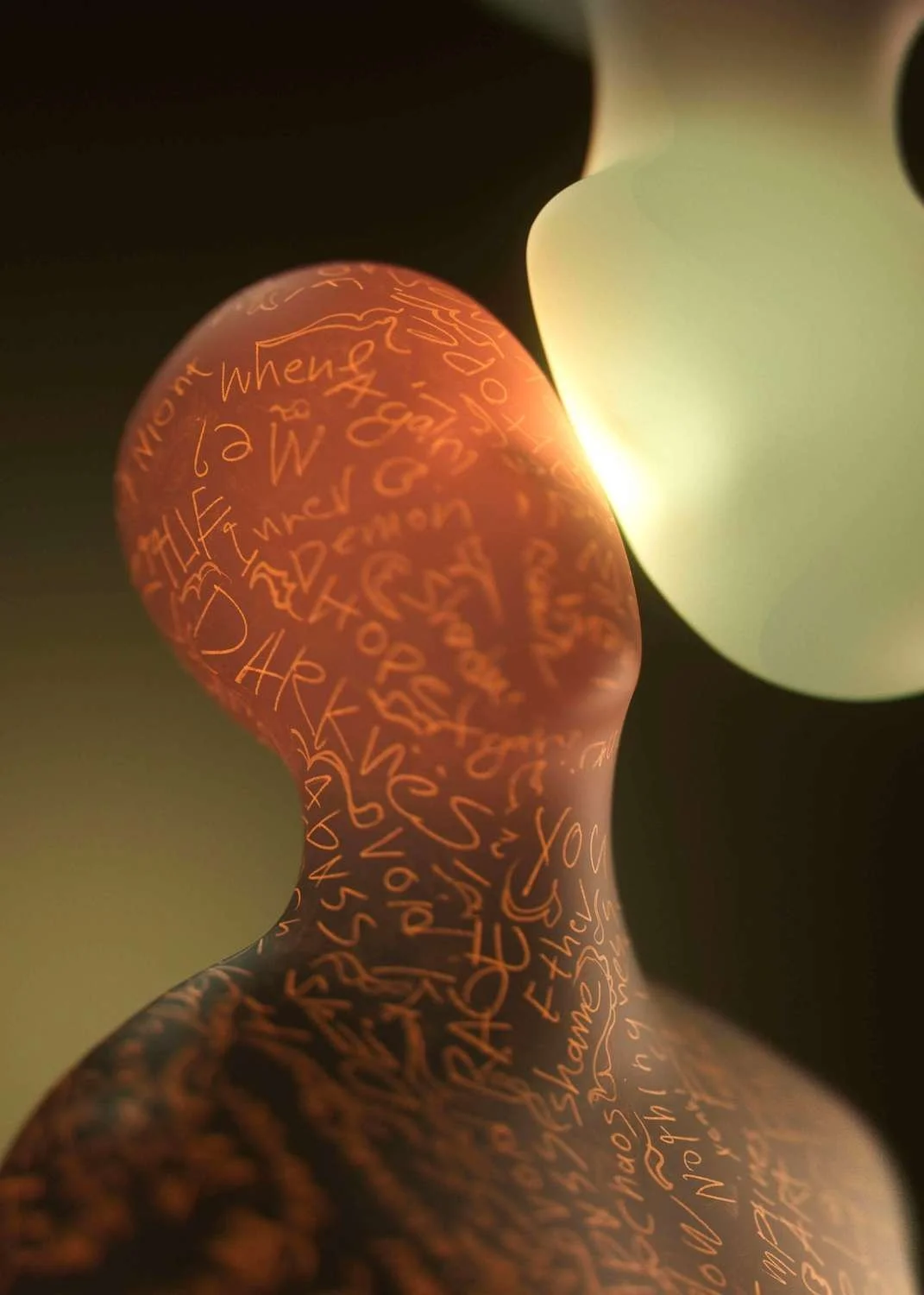 Orange/brown faceless face covered in words of emotion opposite pure white face reflecting back as a source of light