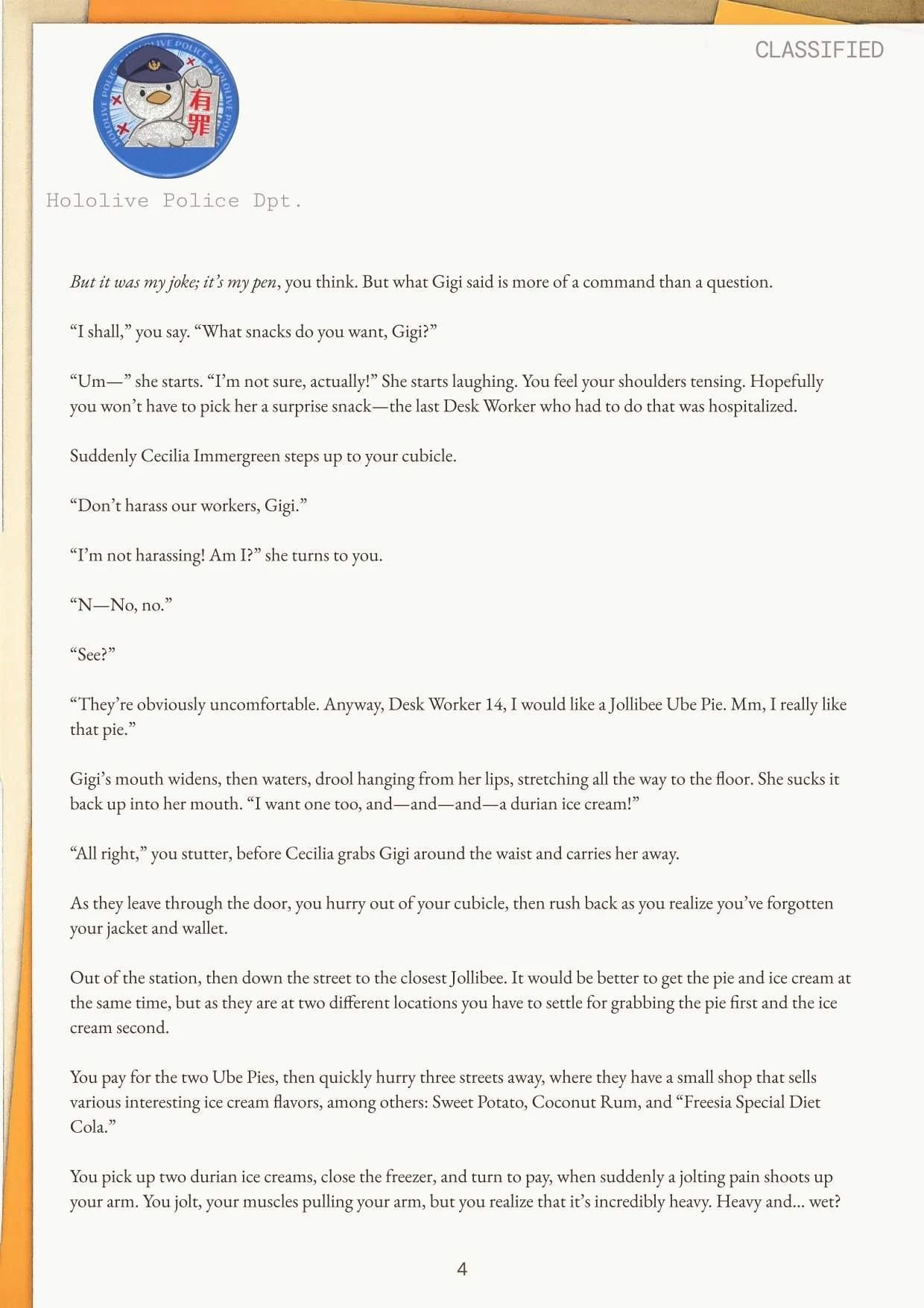 Page from a document with a police badge logo at the top left and text discussing gummy snacks, a Jollibee Ube Pie, and Ice Cream flavors, including a humorous scenario involving durian ice cream.