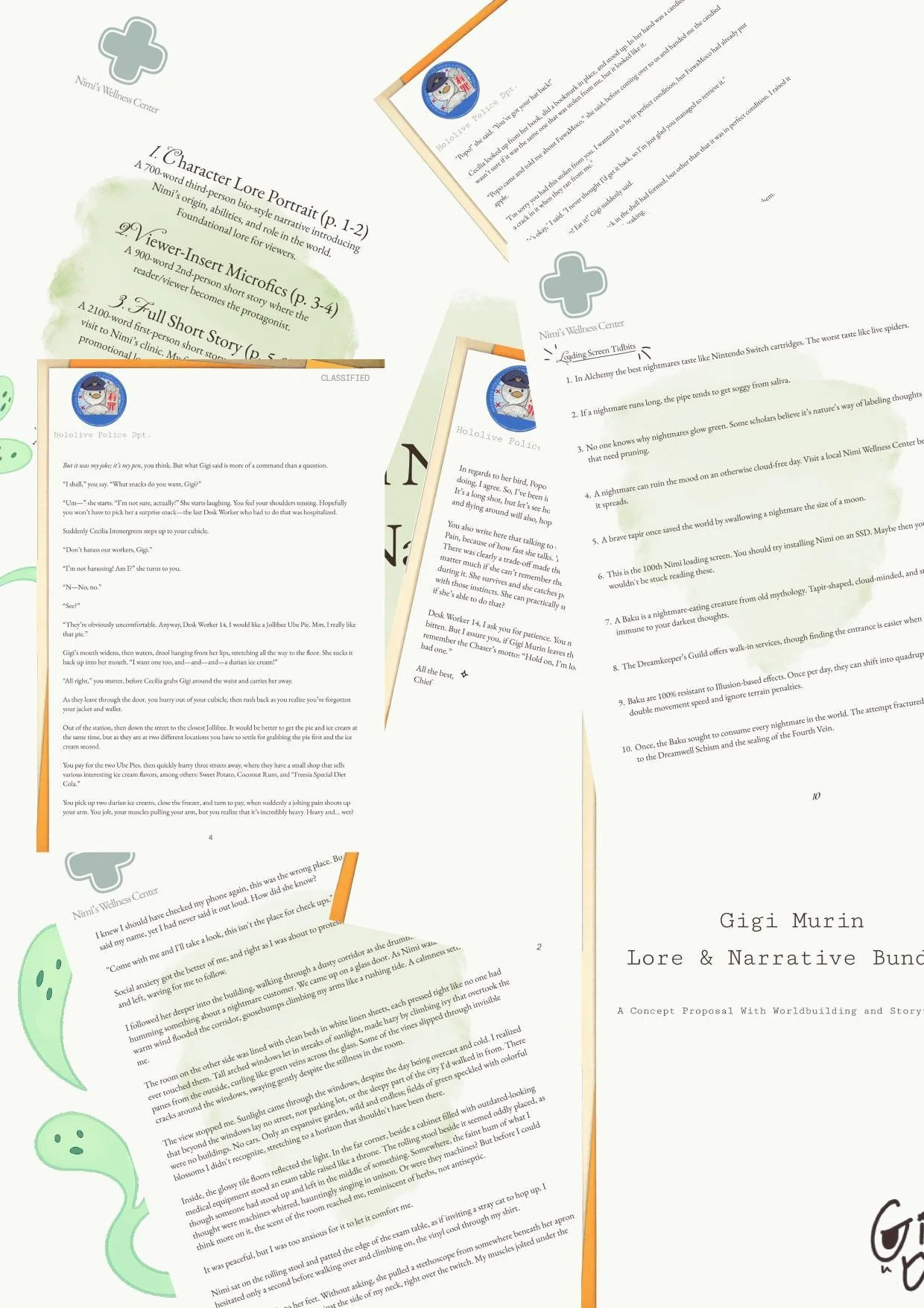 Collection of documents from Nimi's Wellness Center, including report summaries and a concept proposal, with colorful design elements and official logos.
