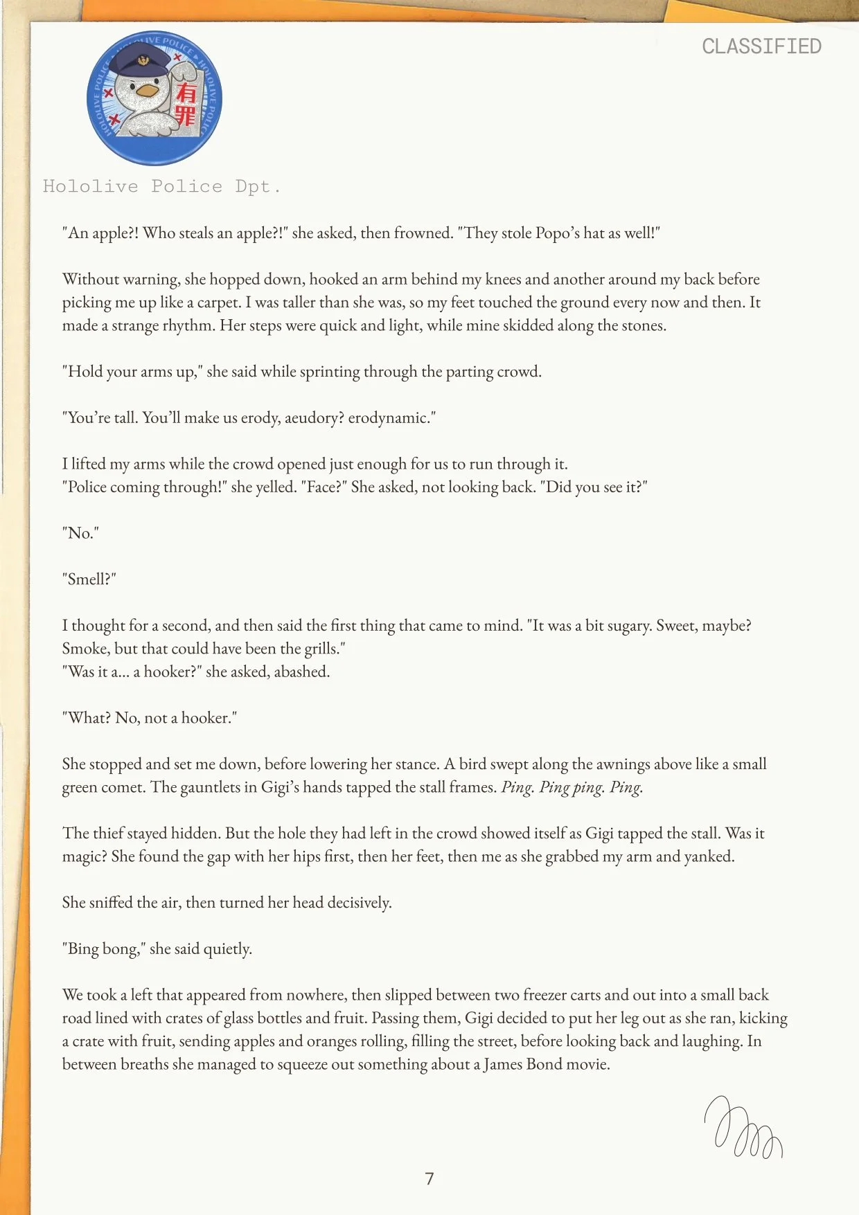 A handwritten note from 'Hololive Police Dpt.' with a blue police badge featuring a cartoon seal wearing a police hat. The note is a story about sneaking through a crowd, smelling smoke, and stealing grapes to eat, with references to a bird and a Jam