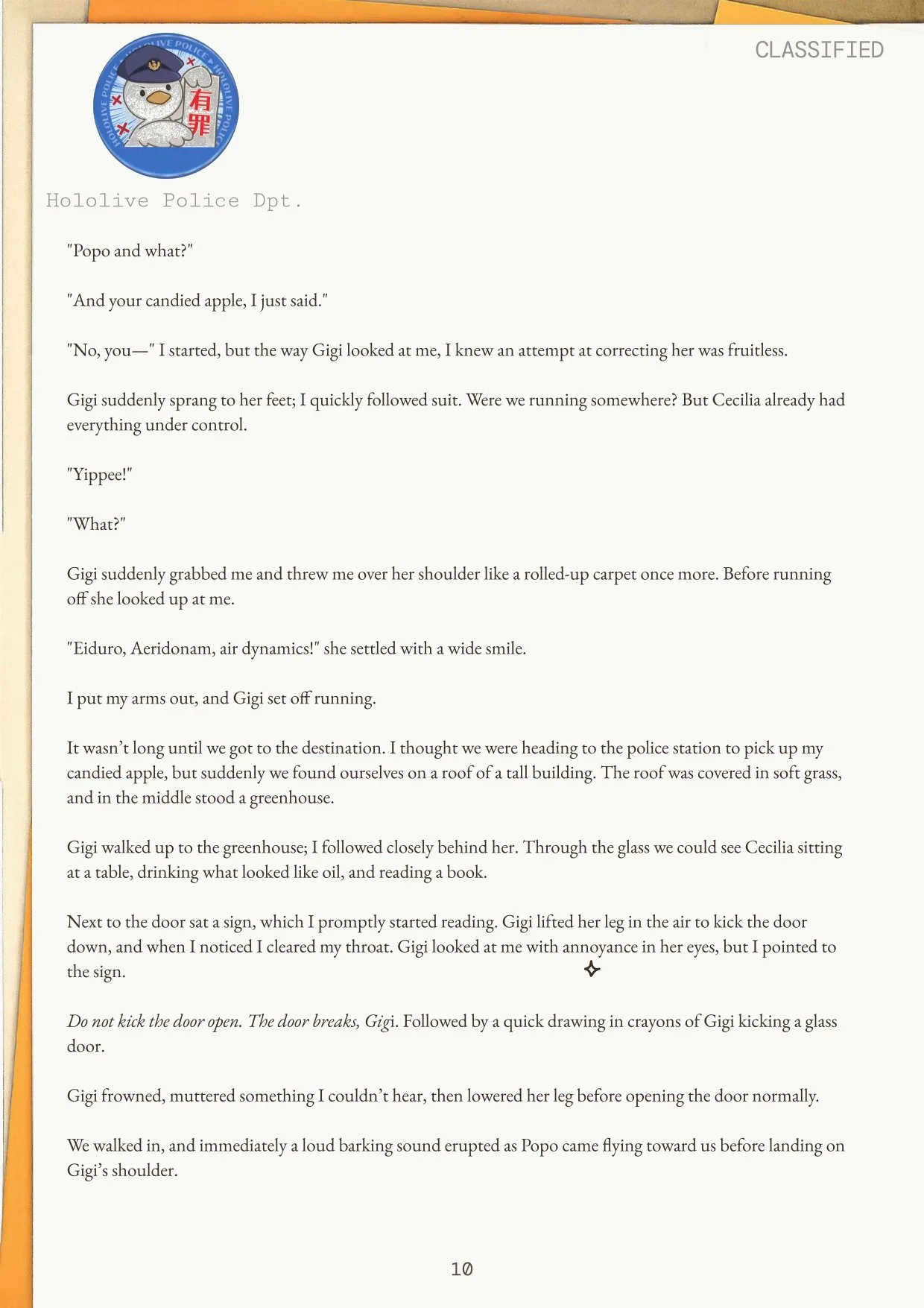 Page from a document with a logo of a cartoon character in a police uniform at the top left corner, and the text of a story involving characters named Popo, Gigi, and Cecilia, with dialogue and descriptive narrative.