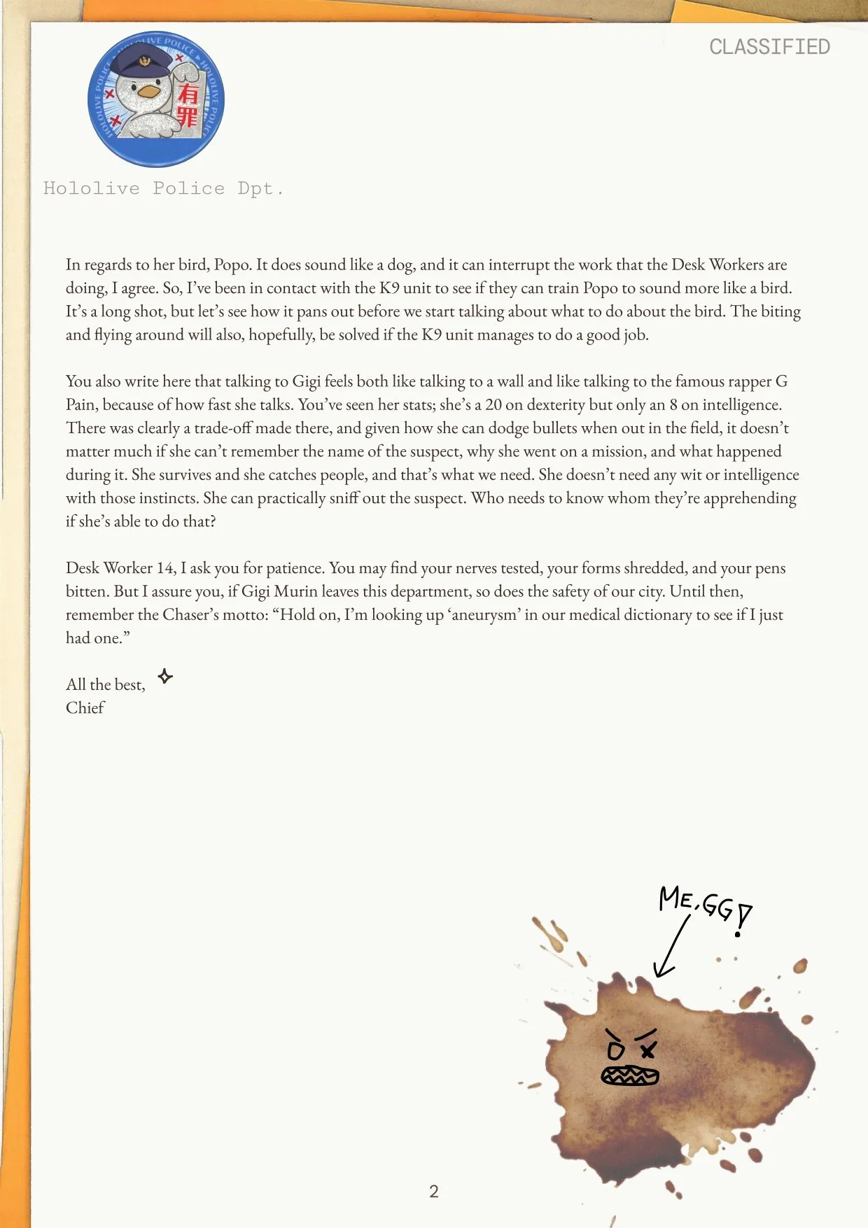 A letter from the Hololive Police Department with an illustration of a brown, angry, ink-spill creature named Megg at the bottom right corner. The letter discusses training a bird named Popo and mentions a character named Gigi Murin.