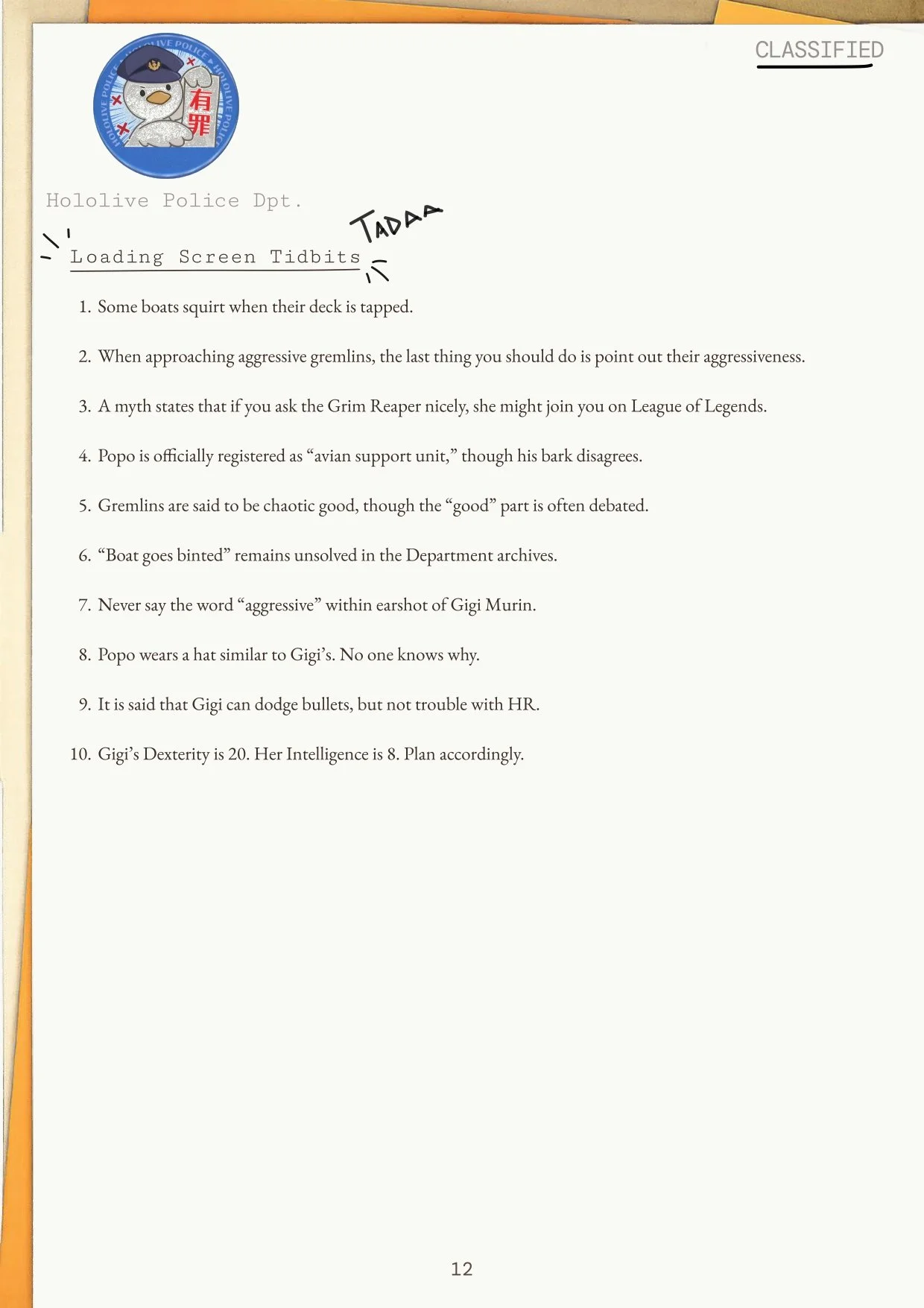 A page from a document with the title 'Loading Screen Tidbits' and a list of humorous facts about gremlins, boats, and fictional characters. The page includes a cartoon police badge logo at the top left corner with a bird wearing a police hat and a h