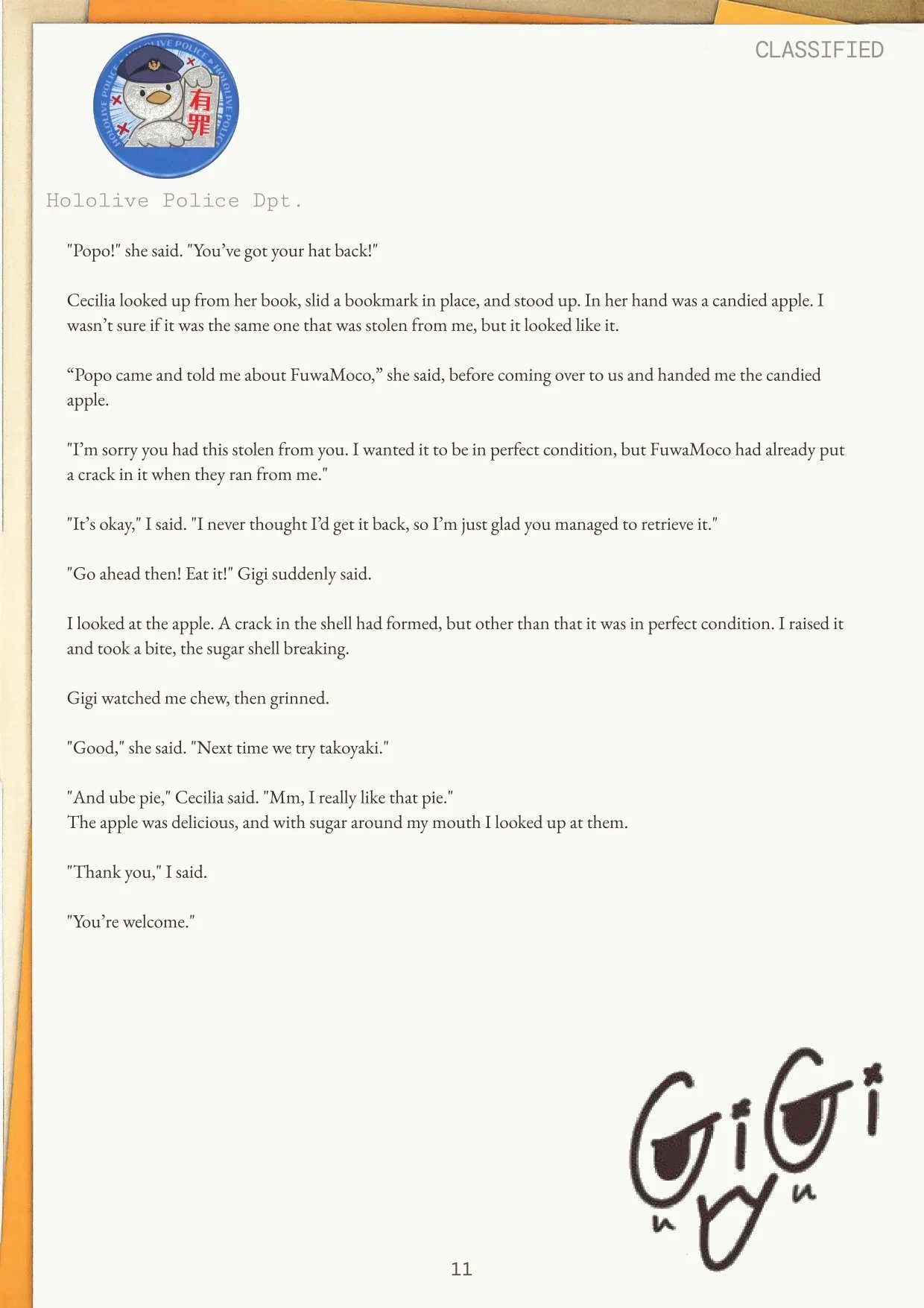 A printed page from a book or document with a cartoon police badge featuring a dog in a police hat at the top left. The text is a story involving characters named Cecilia and Gigi, discussing a stolen and recovered candied apple. The page number 11 i