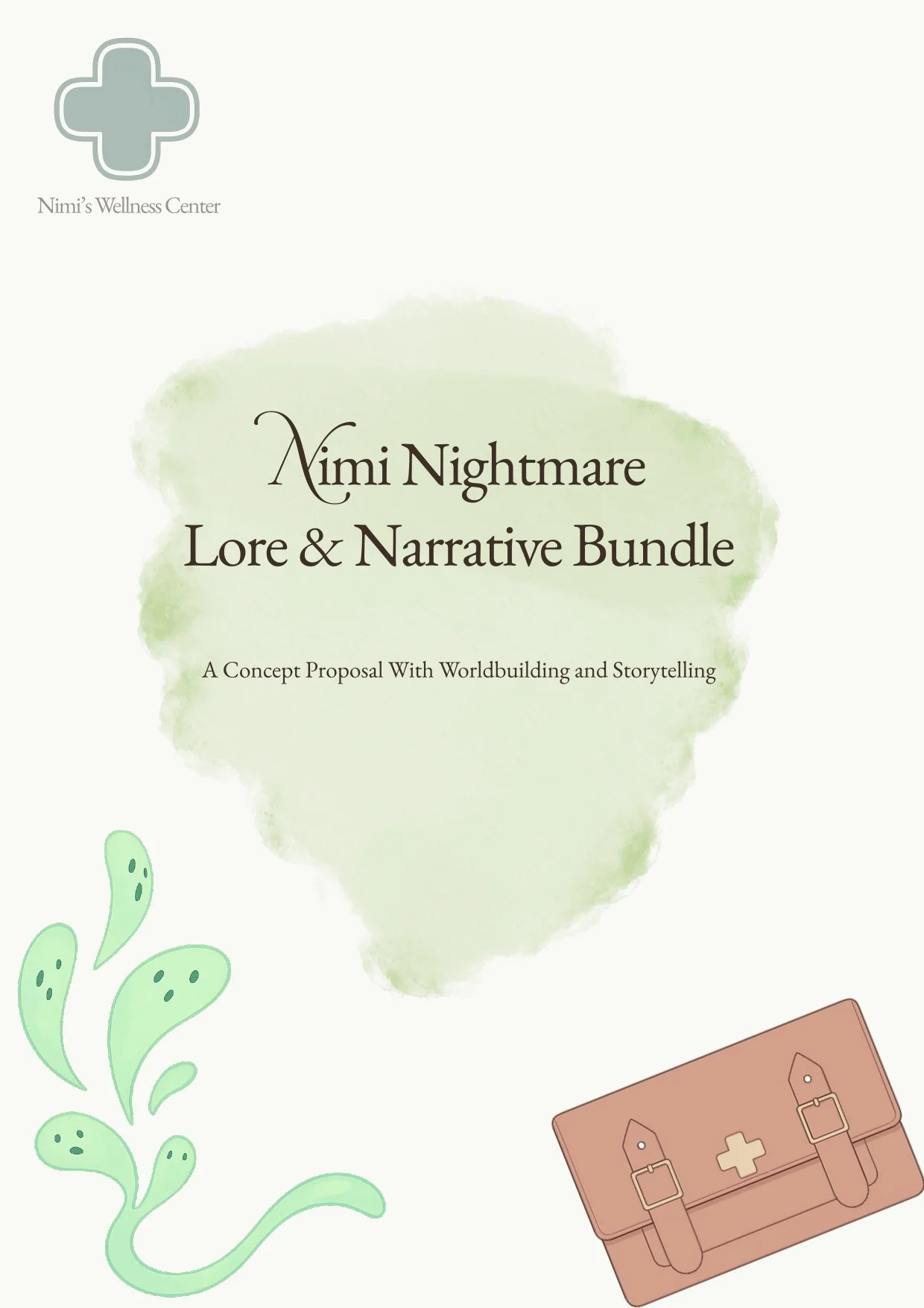 Cover of a book titled 'Nimi Nightmare Lore & Narrative Bundle' with a green watercolor background, a small medical kit illustration in the bottom right corner, and a green bacteria illustration on the bottom left.