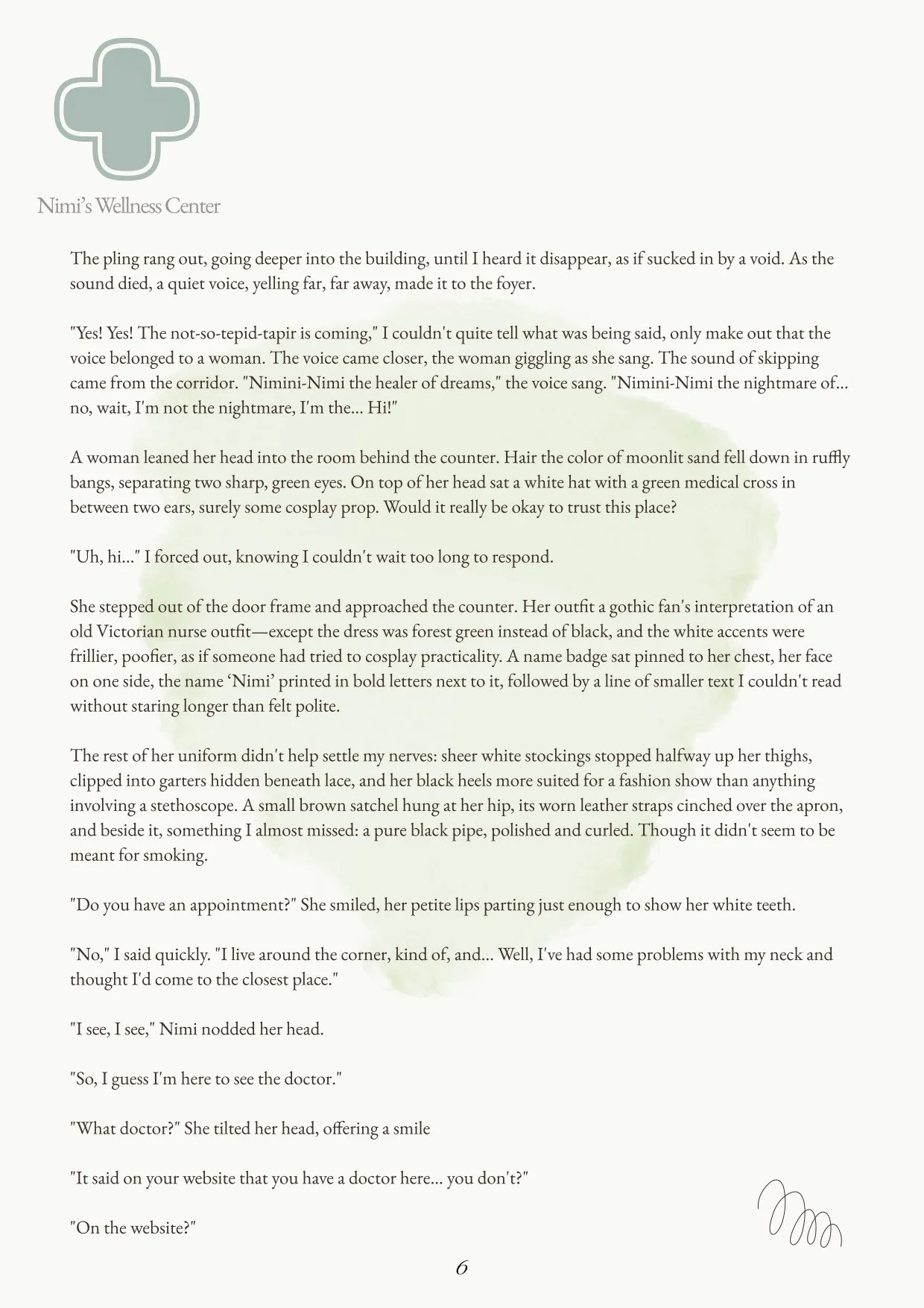 Page from a story or novel with text about a character visiting a wellness center, involving a narrative of a person in a doctor's office, with a decorative cross symbol at the top, and a signature at the bottom.