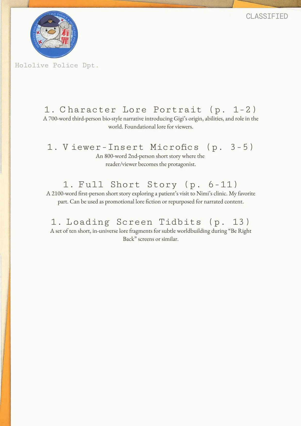 Document titled 'Hololive Police Dpt.' listing sections about character lore, viewer insert microfic, short story, and loading screen tidbits, with a colorful emoji-like logo of a cartoon character in a police hat at the top left.