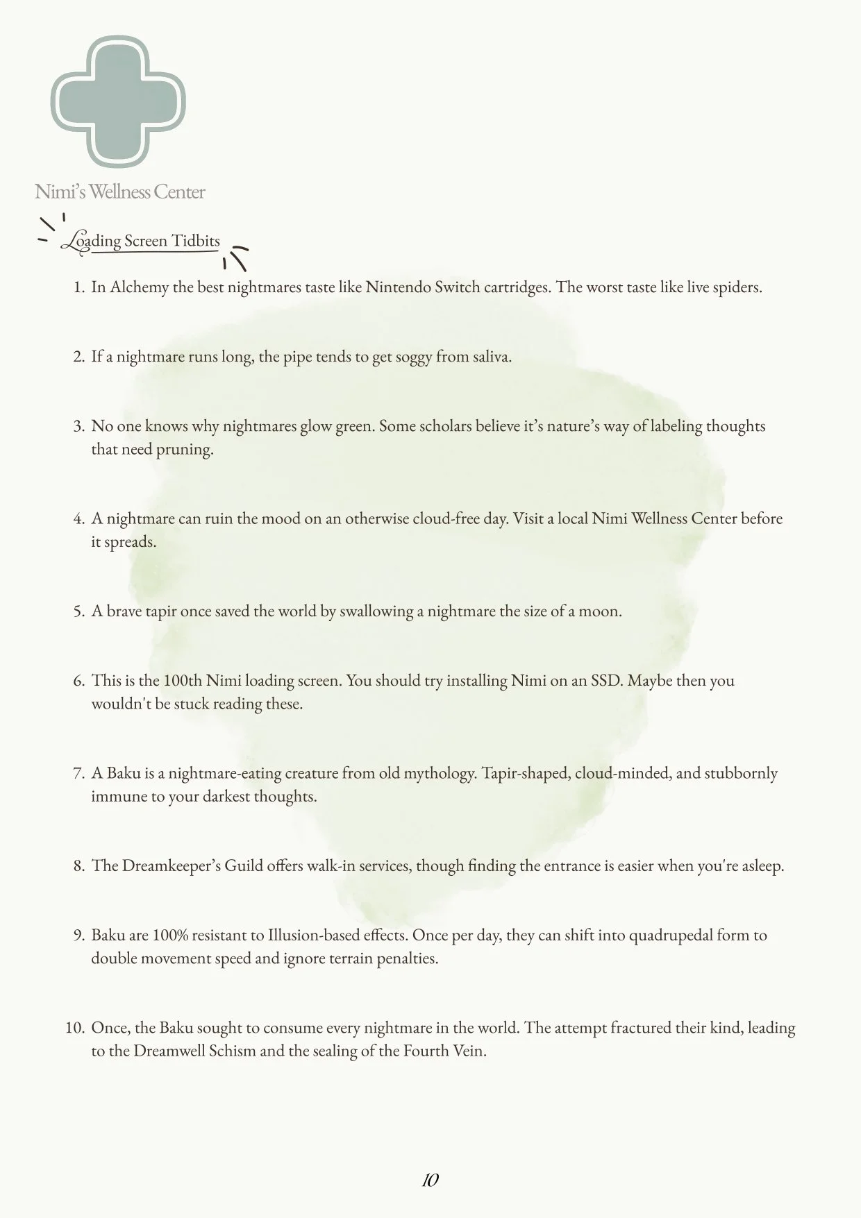 A wellness center page titled 'Loading Screen Tidbits' with light green watercolor background, text about nightmares and sleep myths, numbered 1 through 10, and a logo in the top left corner featuring a cross shape.