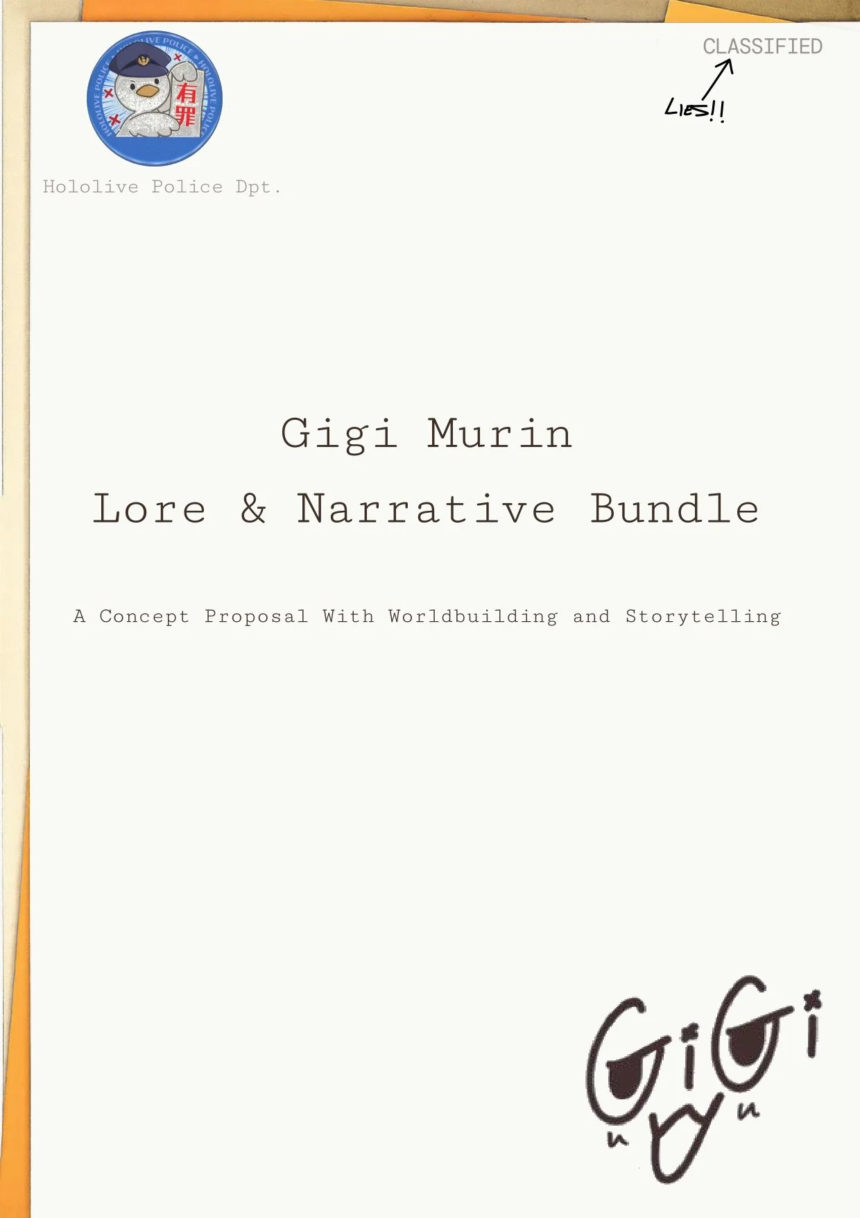 Cover page of a document titled "Gigi Murin Lore & Narrative Bundle" with a subtitle "A Concept Proposal With Worldbuilding and Storytelling." The top left features a circular logo of a cartoon dolphin wearing a police hat, with text in a circle arou