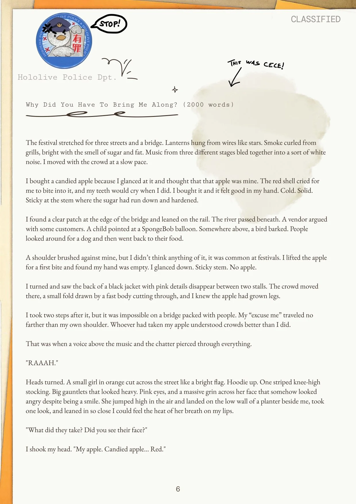 A page from a document titled 'Hololive Police Dpt.' featuring a cartoon dog in a police hat with a speech bubble saying 'STOP!'. There's a large, light-colored, question mark-like shape with the caption 'This was Ceci!' pointing to it, and the rest 