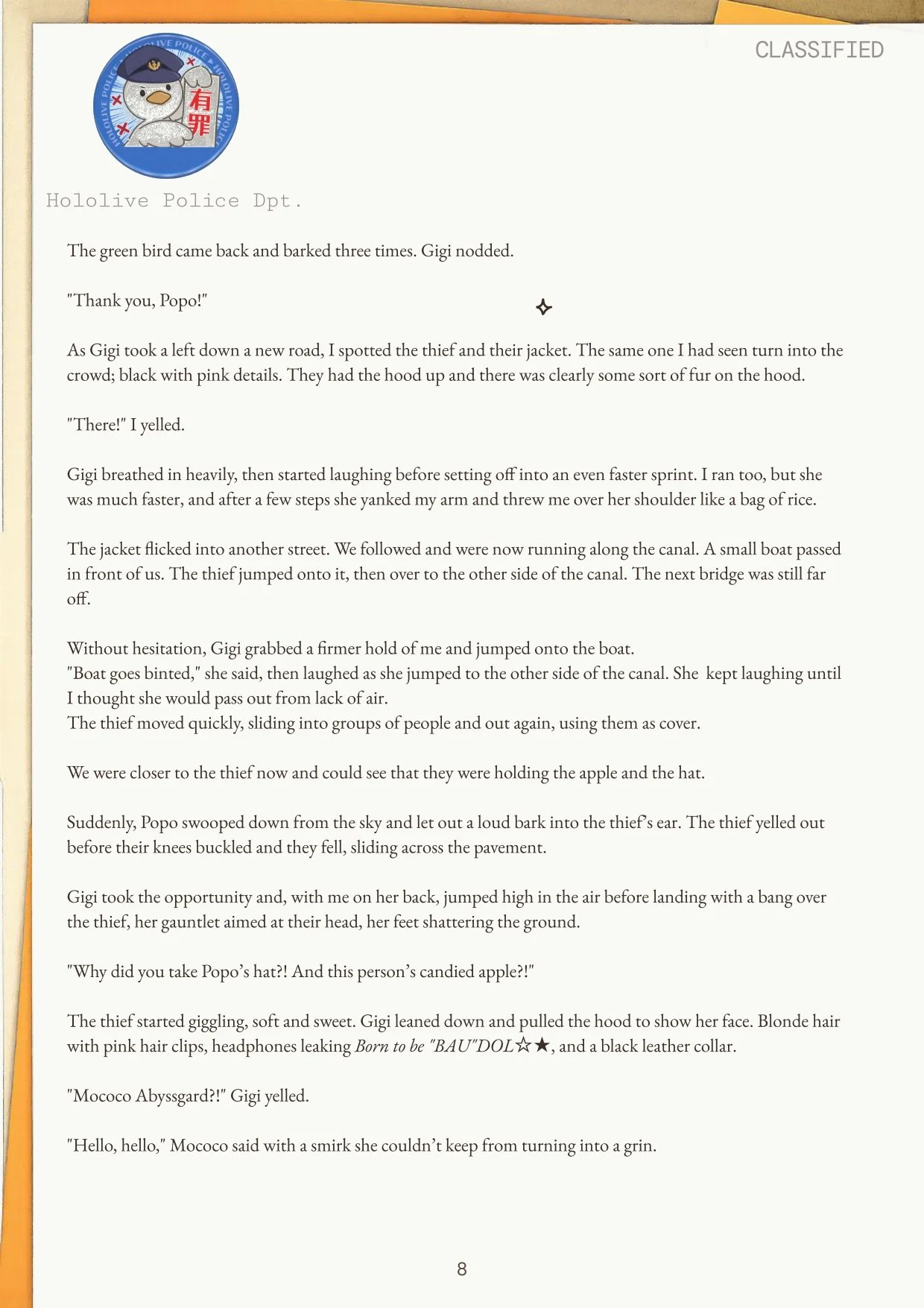 A classified document from the Hololive Police Department with a cartoon character wearing a police cap and badge in the top left corner. The document contains a story about a thief, a girl named Gigi, and an encounter involving a cartoon bird named 