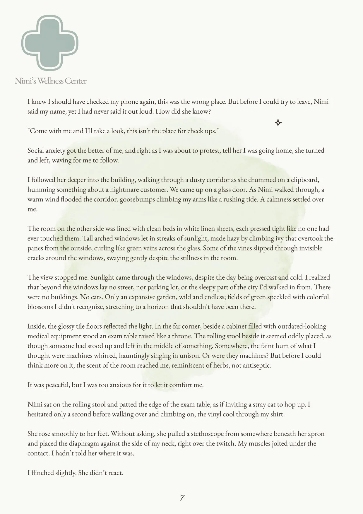 A page of a story from Nimi's Wellness Center with a gray medical cross logo at the top left.