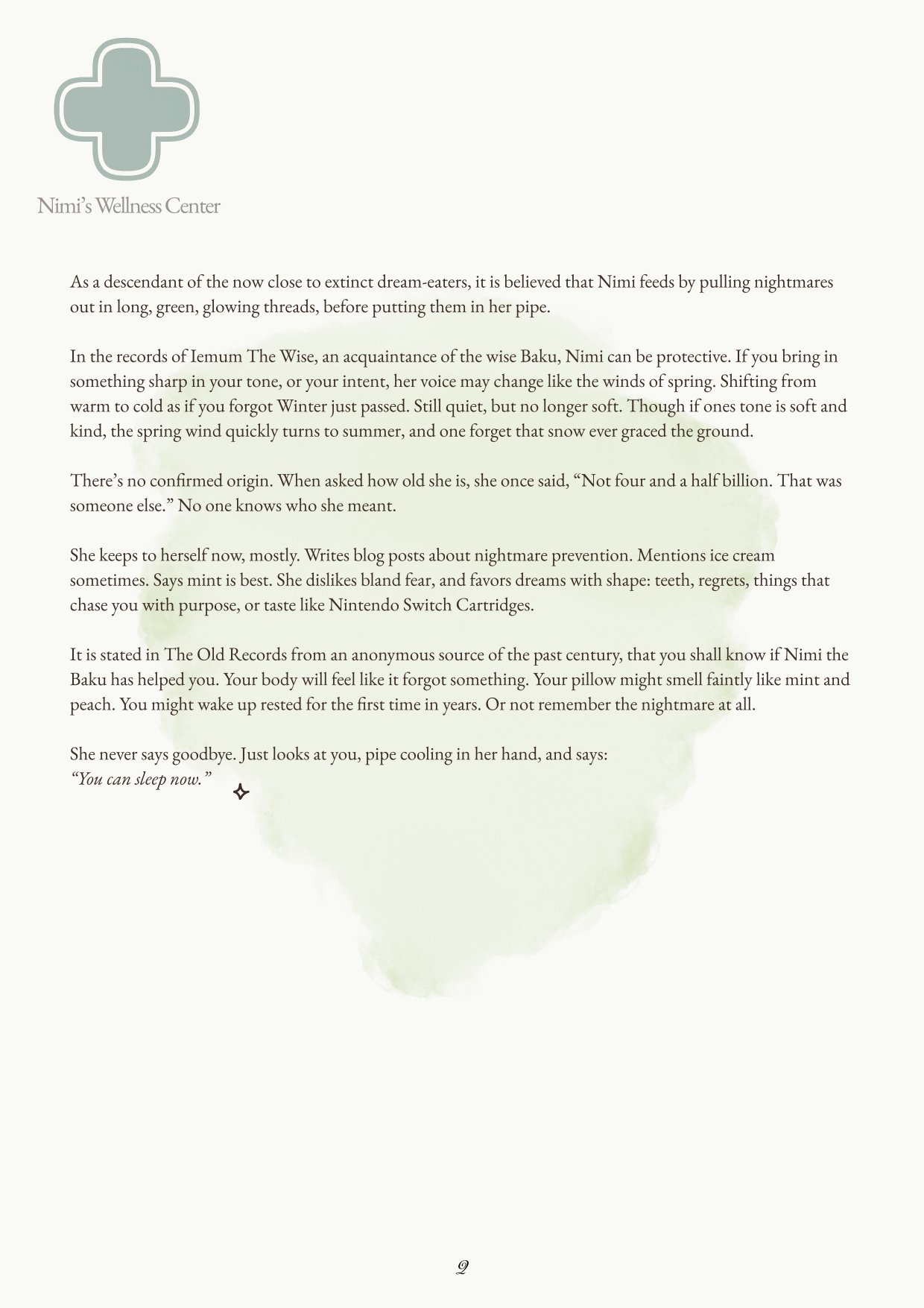 A letter or printed document on a page with a logo of a cross and the title 'Nimi's Wellness Center'. The text discusses a fictional character, Nimi, and includes poetic descriptions about memories, protection, and sleep.