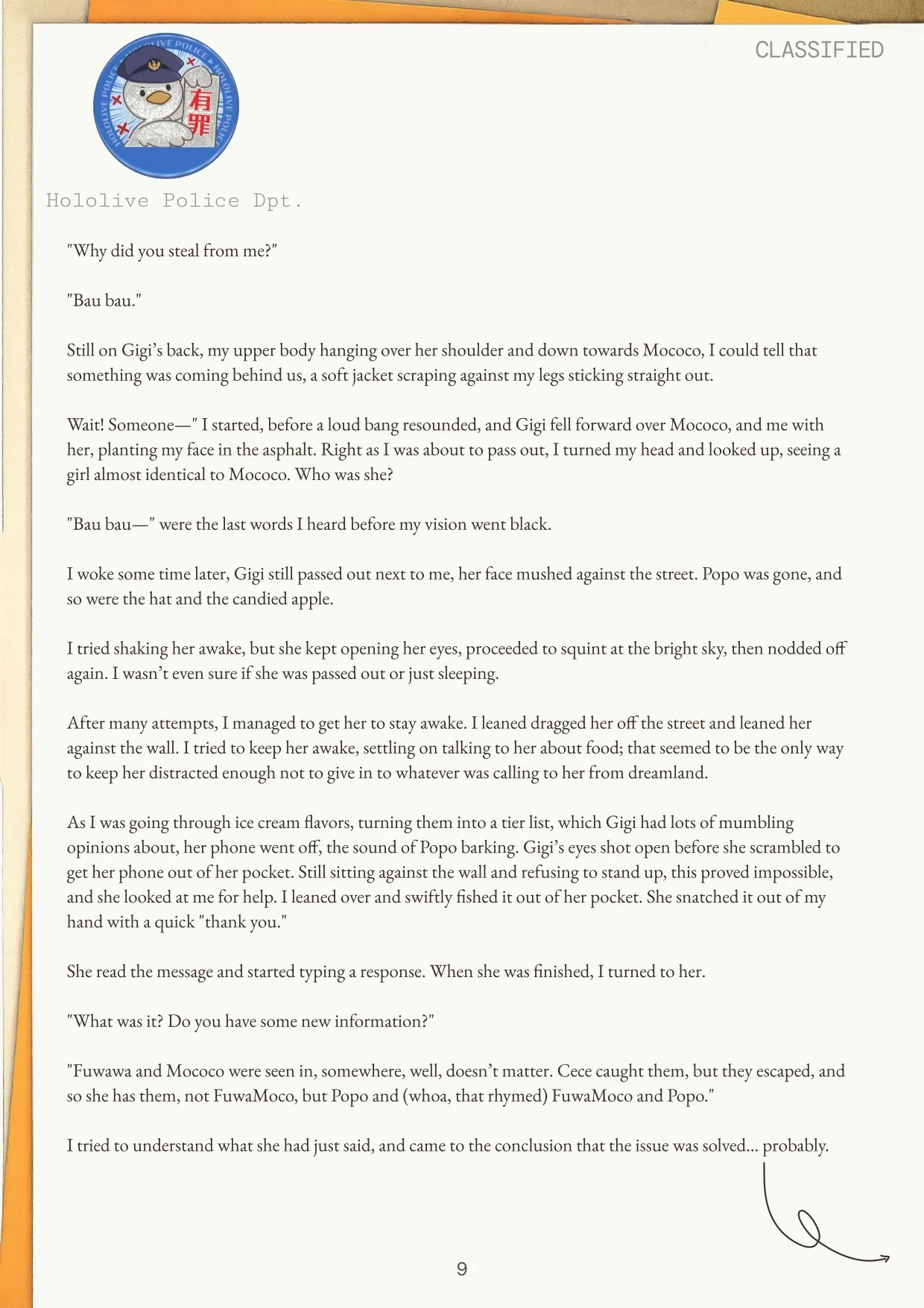 A classified police report from the Hololive Police Department featuring a story about Gigi and Mococo, small creature characters. The document includes a police badge logo with a cartoon creature in a police hat and a red badge symbol.