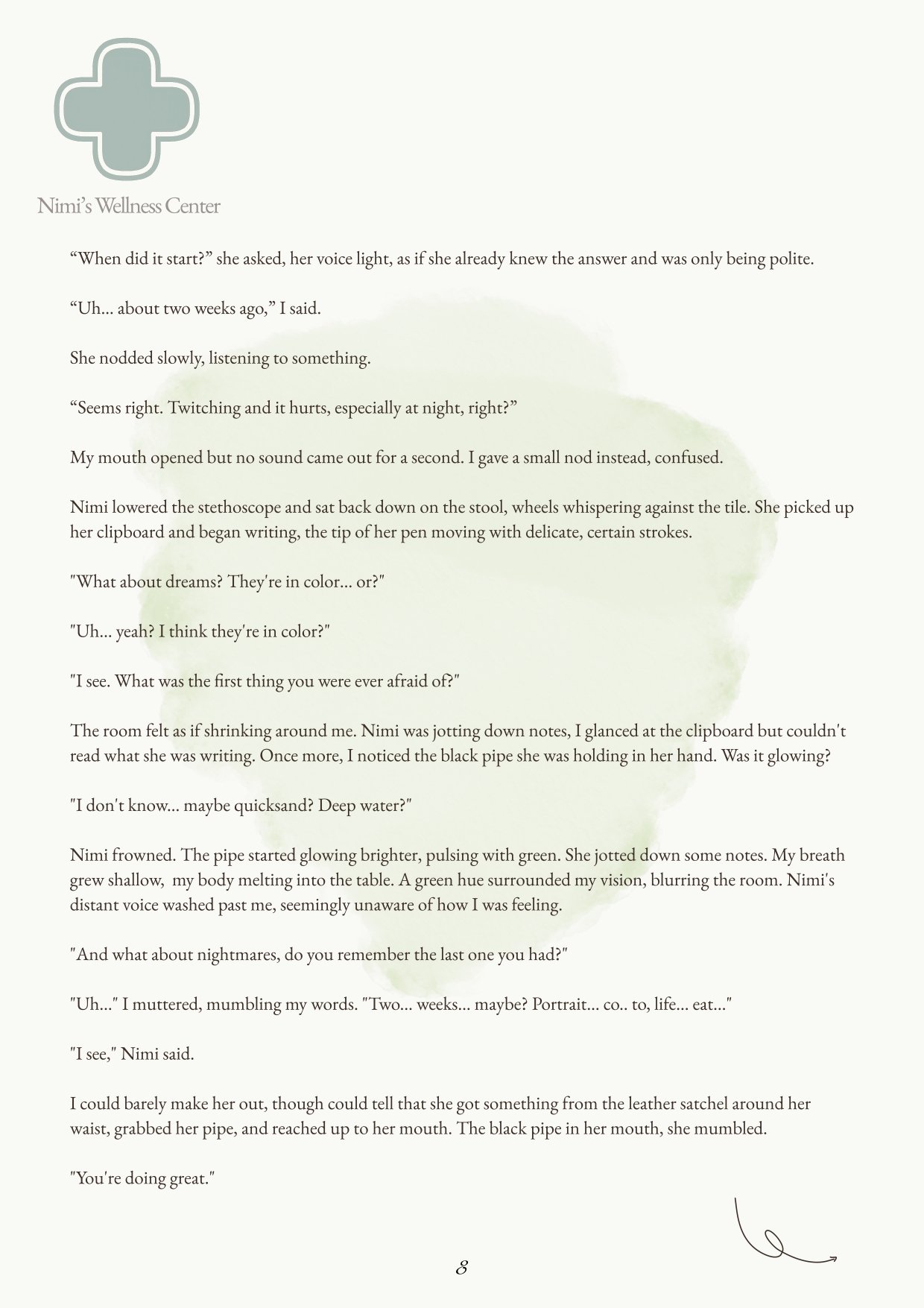 A page from a book or document showing a conversation or story, with a medical cross logo and the title 'Nimi's Wellness Center' at the top, and a small decorative arrow at the bottom right.