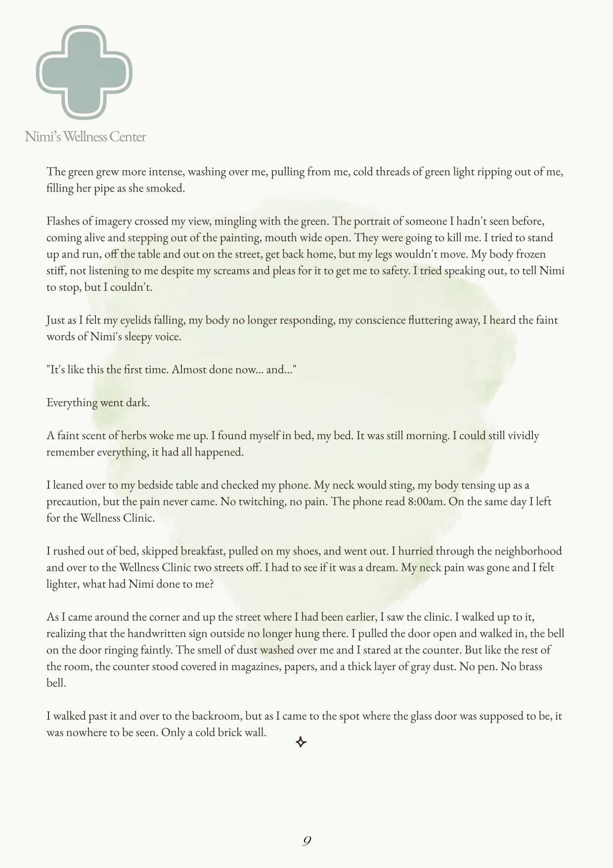 A page from a story or report titled 'Nimi's Wellness Center' with a medical cross logo at the top. The text describes a traumatic experience involving a green light, a figure named Nimi, and a visit to a wellness clinic. The page number 9 appears at